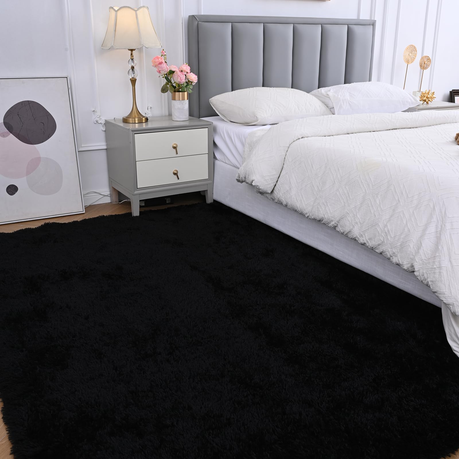 Fluffy Area Rug for Bedroom: Black Plush Soft Bedside Dorm Area Rug - Small Carpets for Bedroom Kids Room Nursery (Black, 3x5Fee