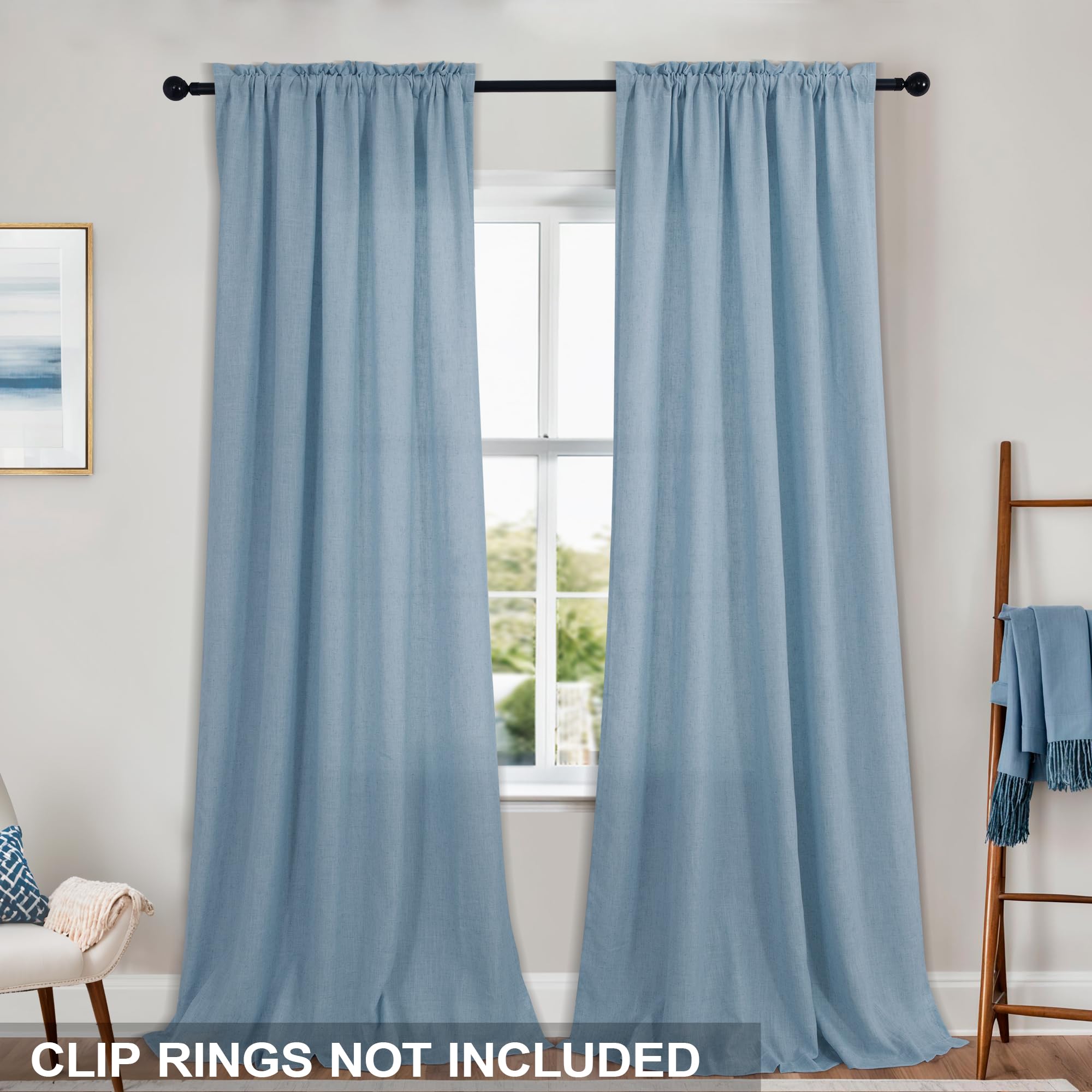 Koufall Blue Curtains 96 Inches Long,Dusty Stone Blue Country Vintage Semi Sheer Linen Modern Style Curtains For For Living Room Bedroom 2 Panels Set