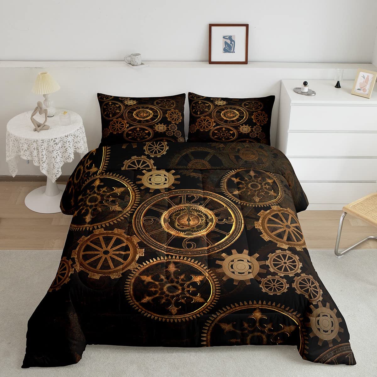 Golden Ndustrial Gear Comforter Set Queen Size Steampunk Style Bedding Set Clocks Theme Bedding Sets & Collections For Kids Boys