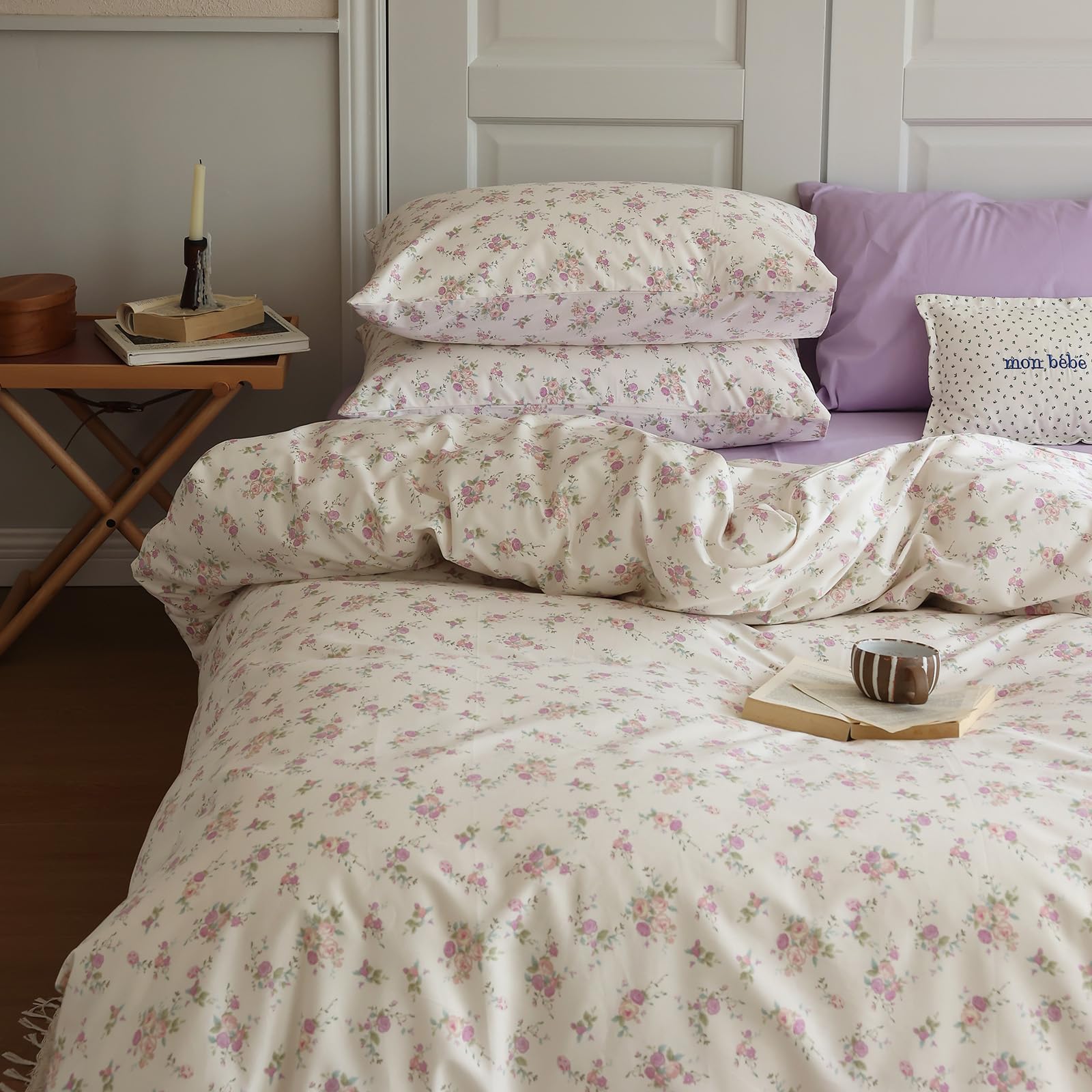 Lifetb Pink Floral Duvet Cover Set Full Soft Cotton Cute Pink Flower Duvet Cover With 2 Pillowcases Garden Floral Girls Cottagec