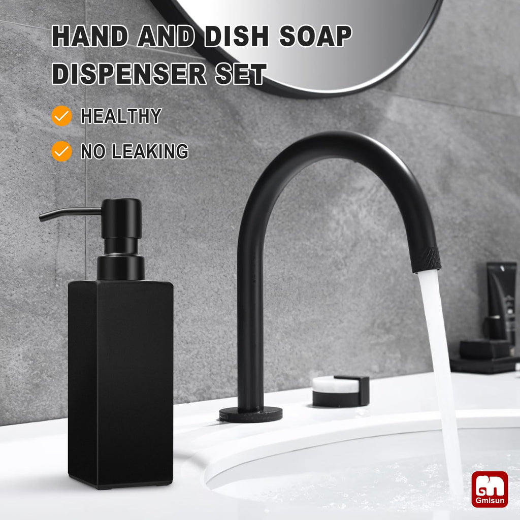 GM GMISUN 12oz Black Glass Soap Dispenser Set with Stainless Steel Pump - Modern Hand Soap Dispenser for Kitchen & Bathroom, 2 Pack