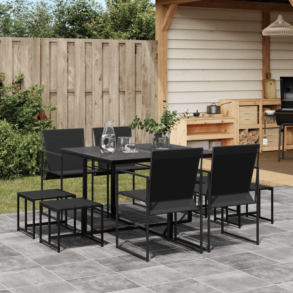 vidaXL Patio Dining Set - 9 Piece Outdoor Black Steel Table and Chairs with Stools, Weather-Resistant Textilene Fabric, Foldable Seating