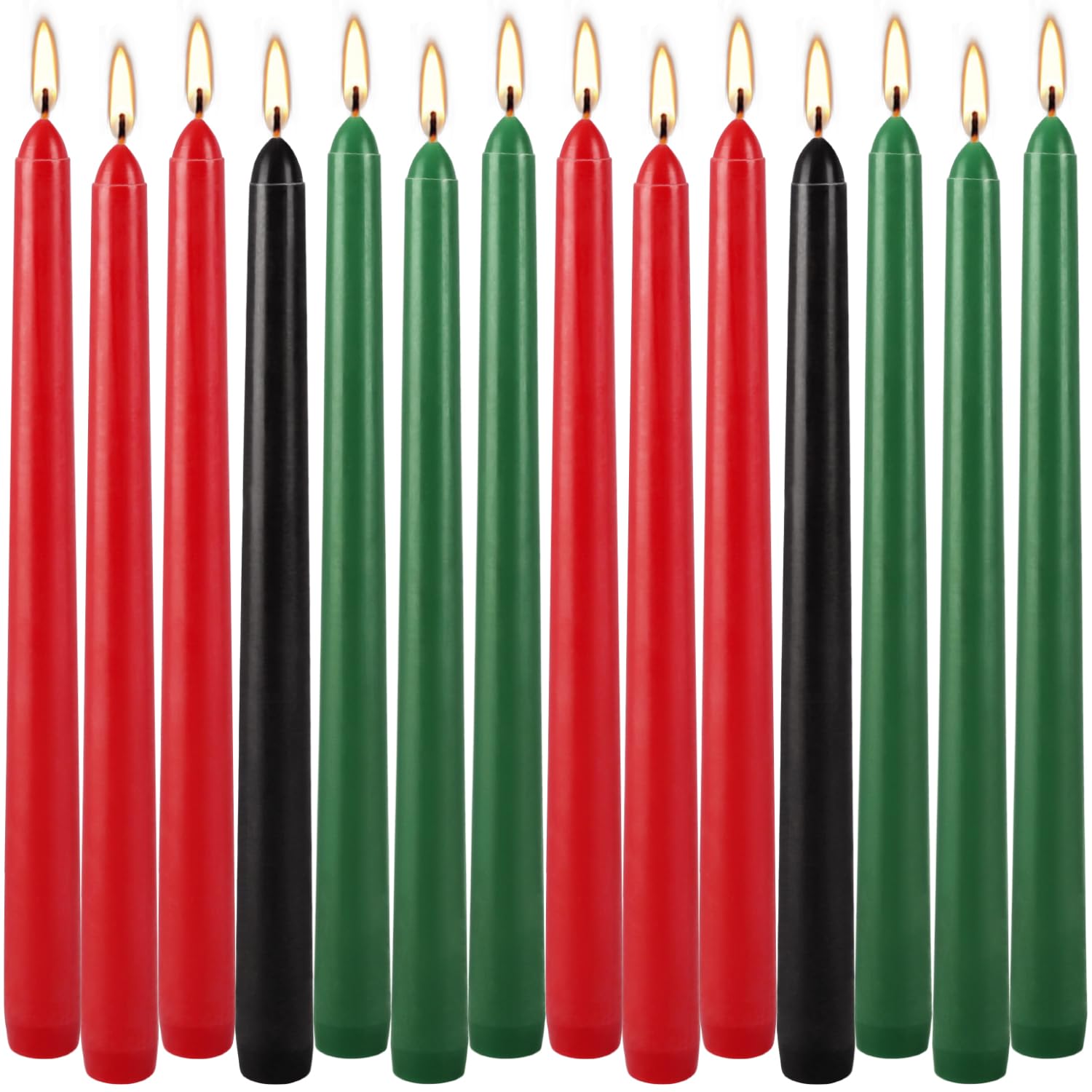 Set of 14 Kwanzaa Taper Candles, 6 Red, 6 Green, 2 Black Mishumaa Saba Candle Set, 10 Inch Dripless Tall Candle Stick for Kwanza