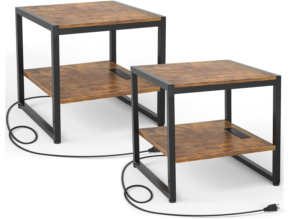 Homieasy End Table With Charging Station, 20 Inch Square Side Table With Usb Ports & Power Outlets, Industrial Nightstand With Storage Shelf, Mini Fridge Stand For Small Spaces, Rustic Brown -2 Pack