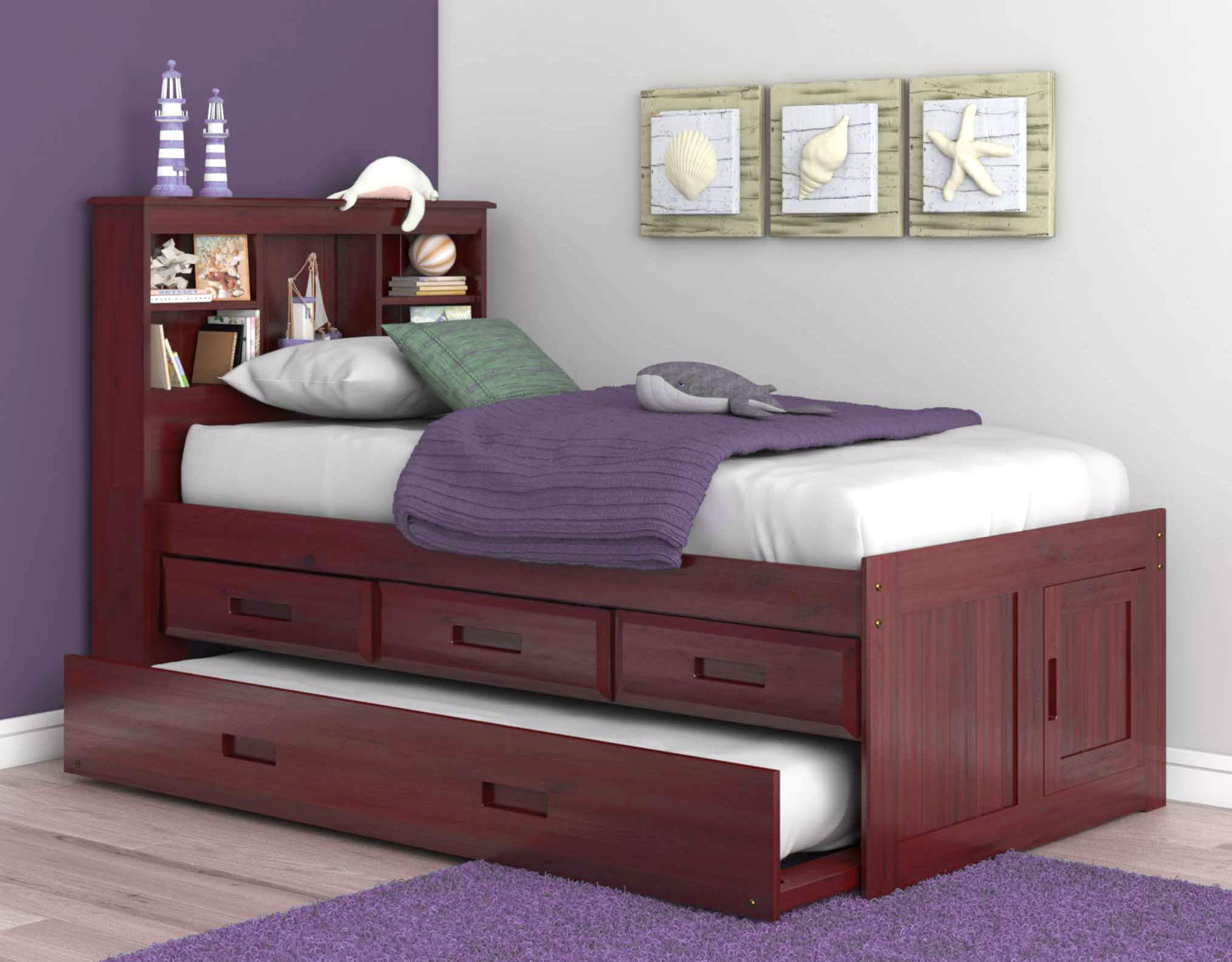 OS Home and Office Furniture Model 82820K3-22 Solid Pine Twin Captains Bookcase Bed with 3 Drawers and a Twin Sized Trundle in Rich Merlot
