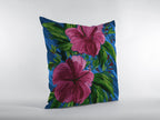HomeRoots Hot Pink On Blue 16â€ Pink Blue Hibiscus Suede Decorative Throw Pillow
