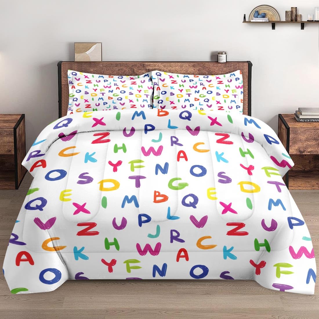Wecozy Full Size Comforter Set With 2 Pillowcases, Colorful Multicolored English Alphabet Kids Soft 3 Pcs Bedding For Kids And A