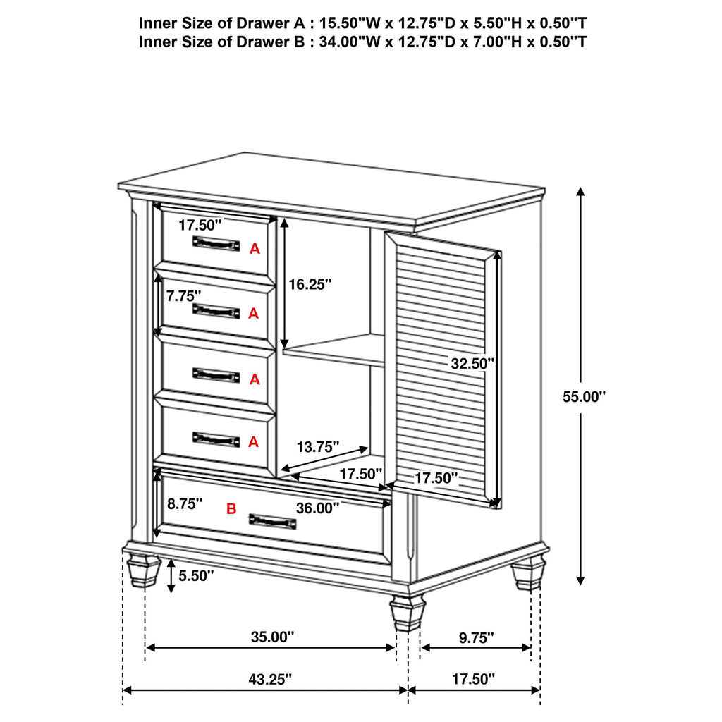 Coaster Home Furnishings Franco Farmhouse Wood 5-Drawer Bedroom Door Chest Chiffonier Clothing Storage Cabinet Bedroom Armoire Tall Dresser Organizer Unit Distressed White 205338