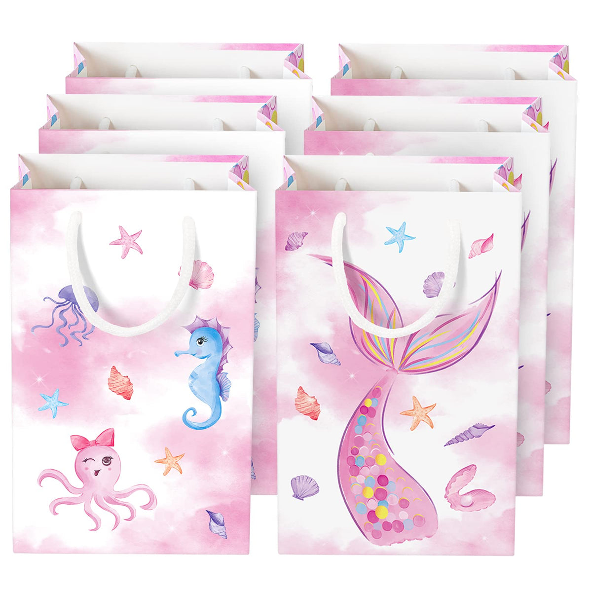 WERNNSAI Mermaid Party Bags - Watercolor Mermaid Pool Party Supplies 16 PCS Gift Bags with Handles for Girls Under the Sea Birth