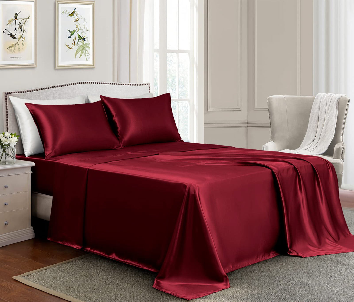 Golal Satin Sheets King Size - 4 Pieces Luxury Silky Soft Bed Sheets, Wrinkle-Free Burgundy Satin Silk Sheet Set With 1 Deep Poc