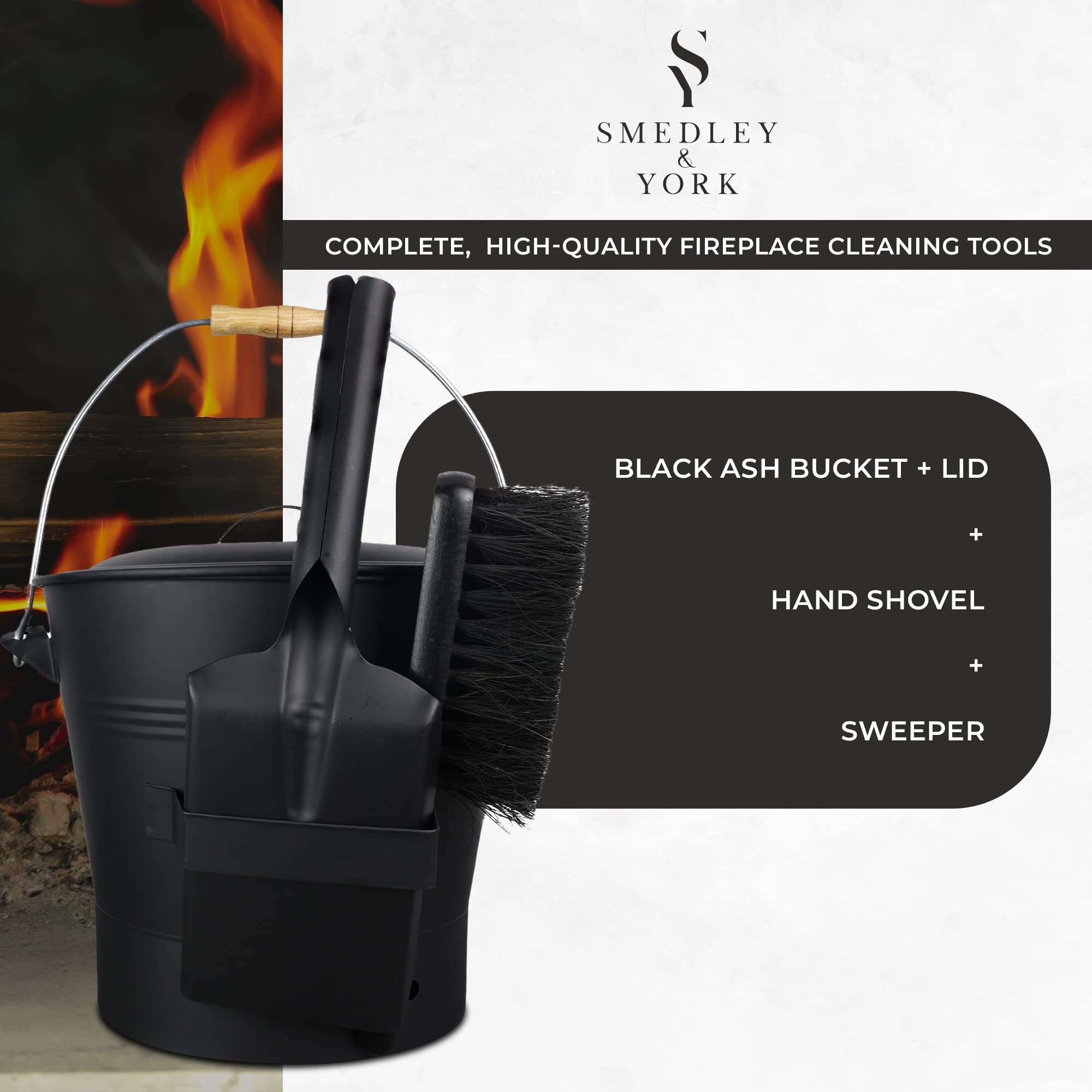 Smedley & York 2.15 Gallon Black Ash Bucket And Fireplace Tool Set With Lid, Shovel & Broom
