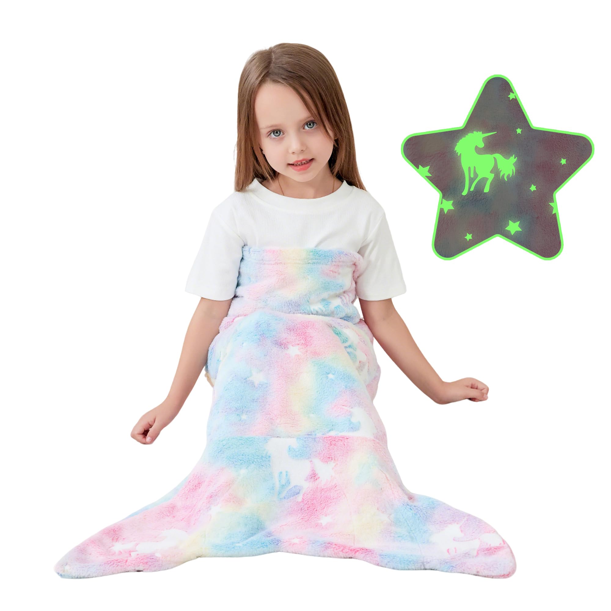 Viviland Kids Mermaid Tail Glow in The Dark - Flannel Mermaid Blanket Gifts for Girls - Luminous Star Super Soft Tie Dye Girls T