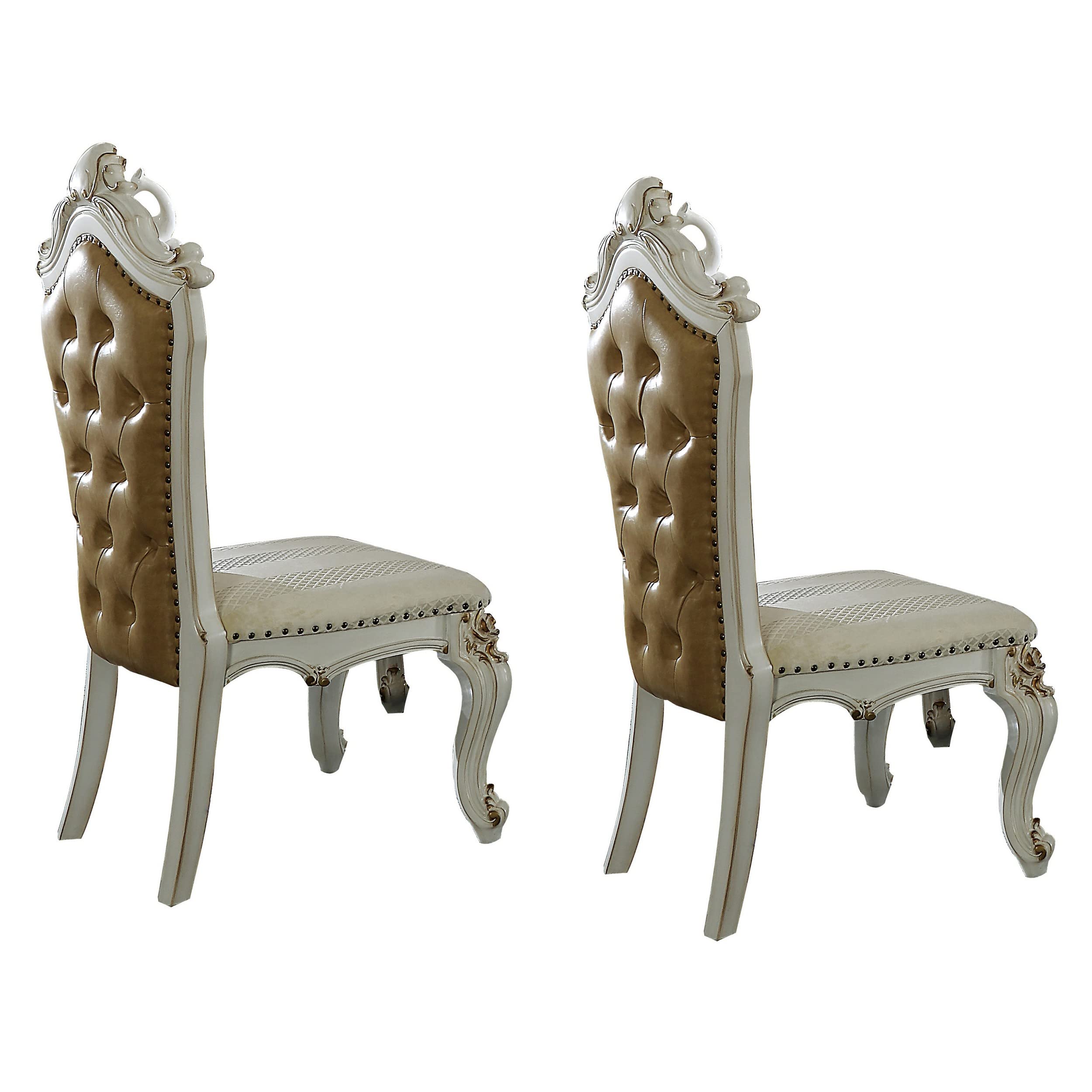 Benjara, White and Brown Leatherette Button Tufted Wooden Side Chairs, Set of 2