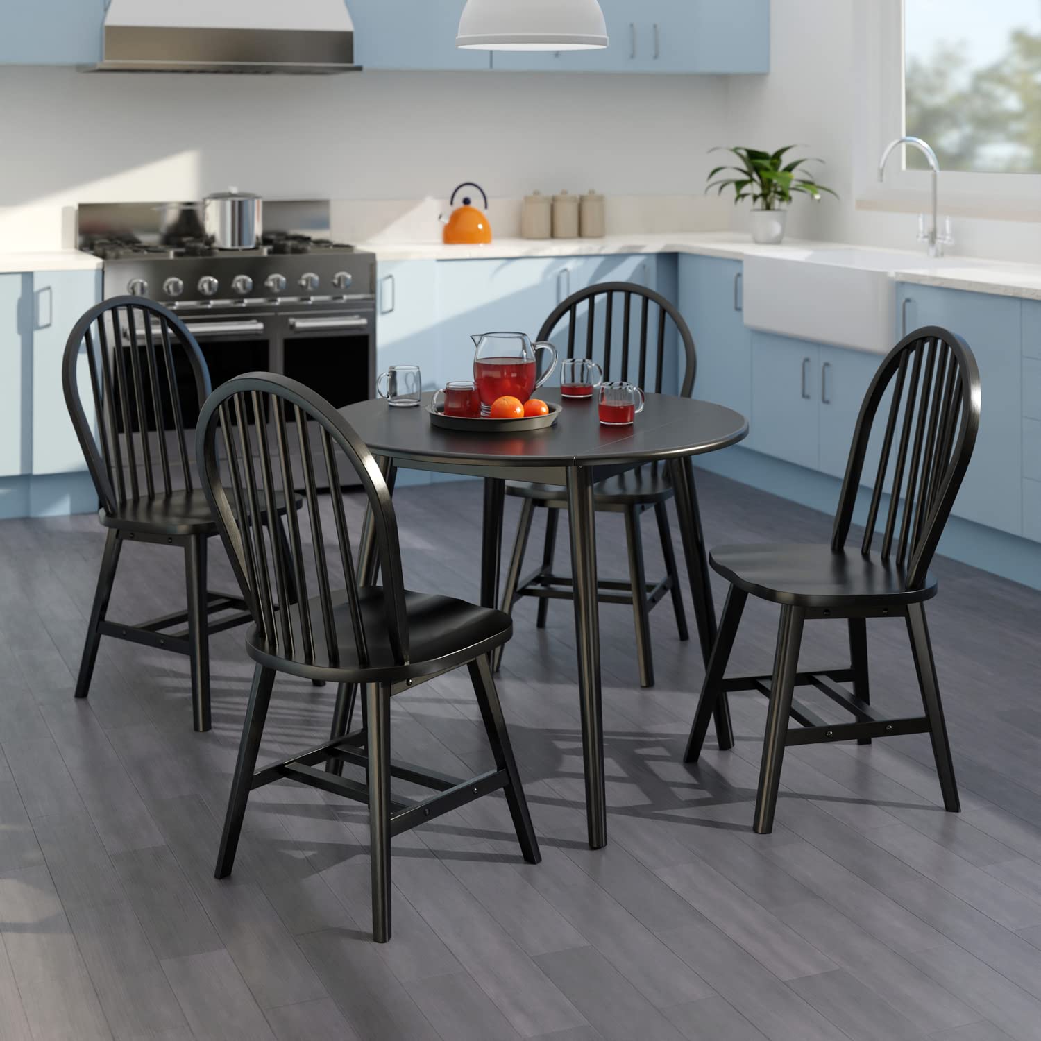 Moreno 5-Pc Drop Leaf Dining Table with Windsor Chairs - Black