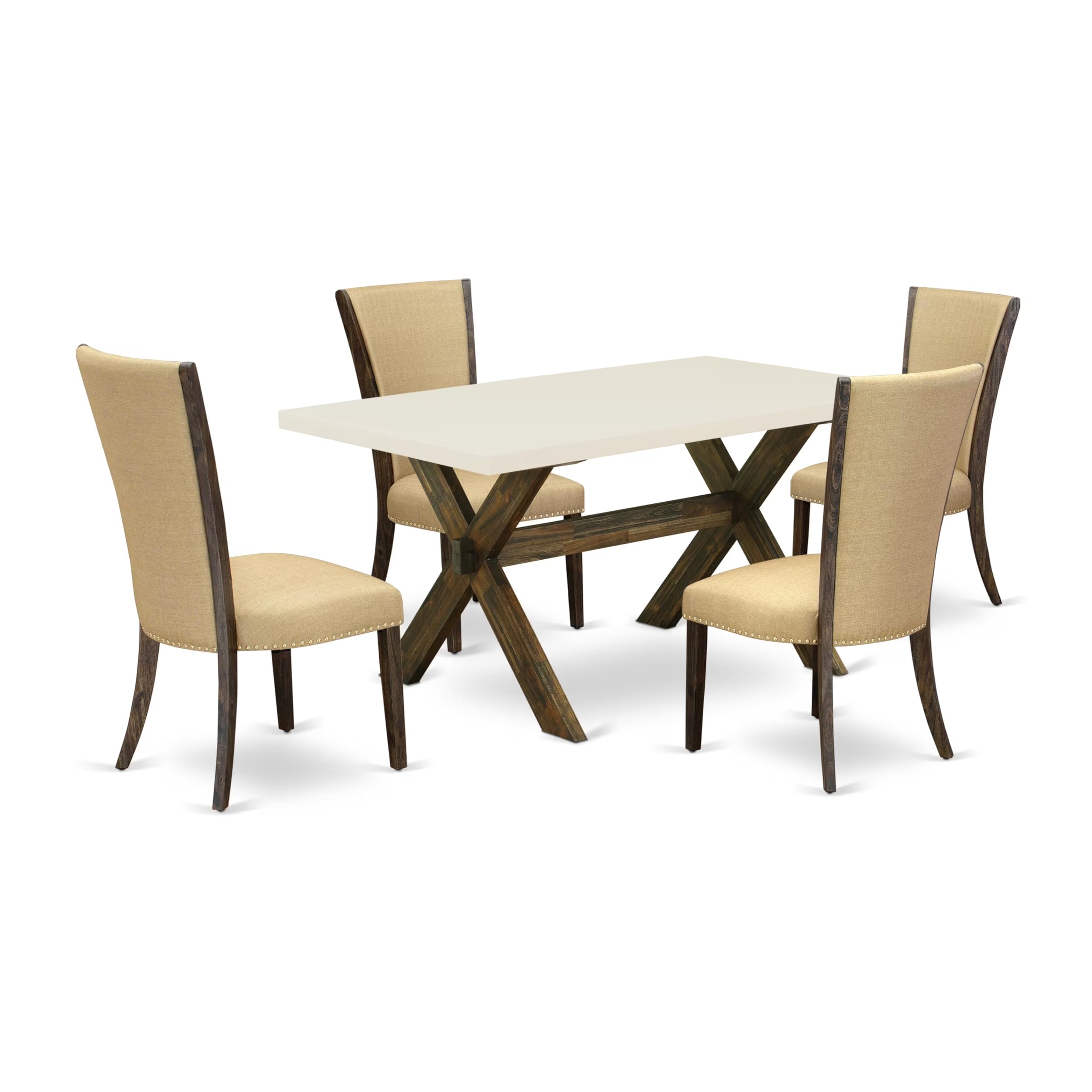 East West Furniture X726Ve703-5 5 Piece Dinette Set For 4 Includes A Rectangle Dining Table With X-Legs And 4 Brown Linen Fabric Parson Dining Room Chairs, 36X60 Inch, Multi-Color