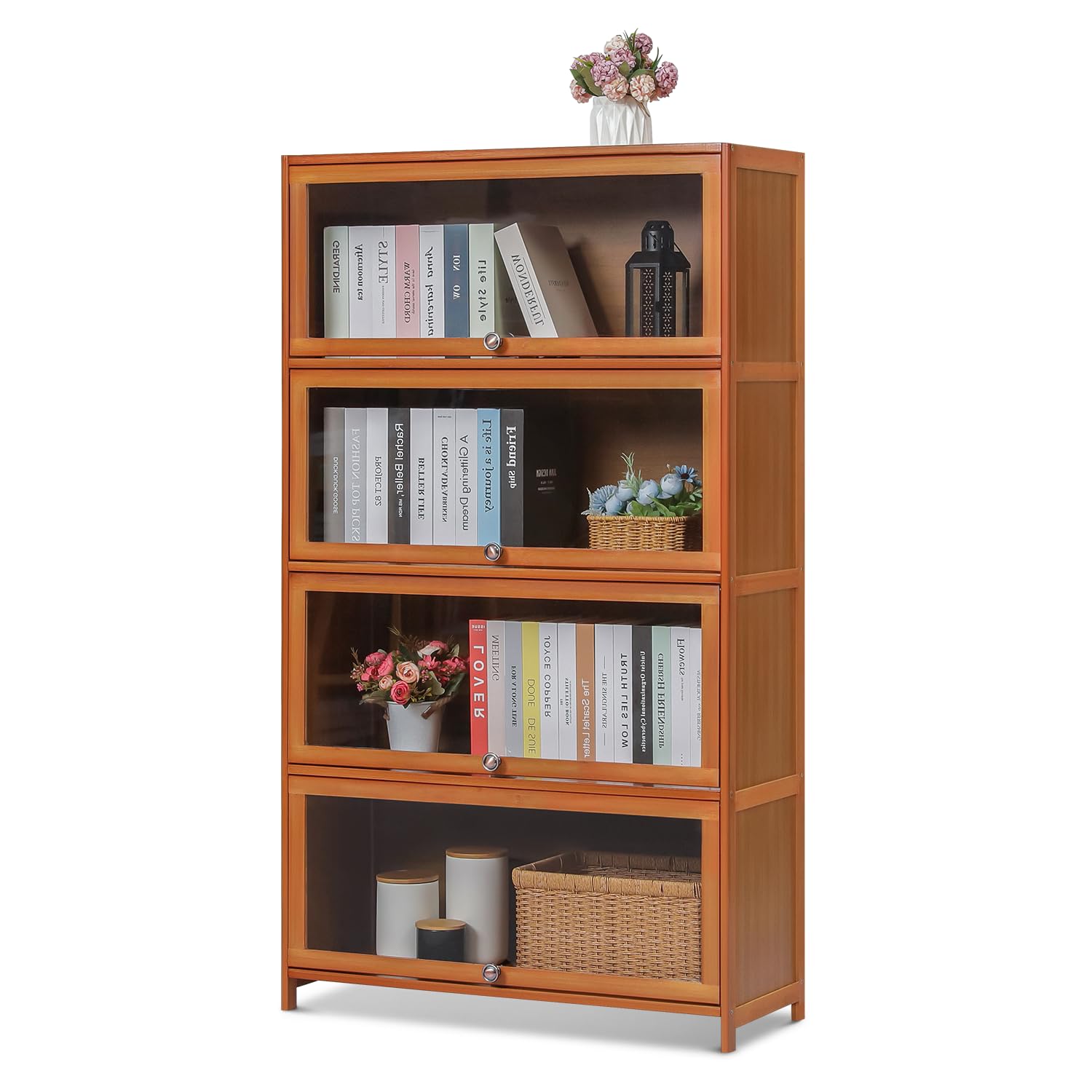 Magshion Bamboo 4-Tier Display Case Bookcase with Clear Acrylic Flip-Up Doors, Wide Brown Kitchen Cabinet Storage Pantry Cabinet