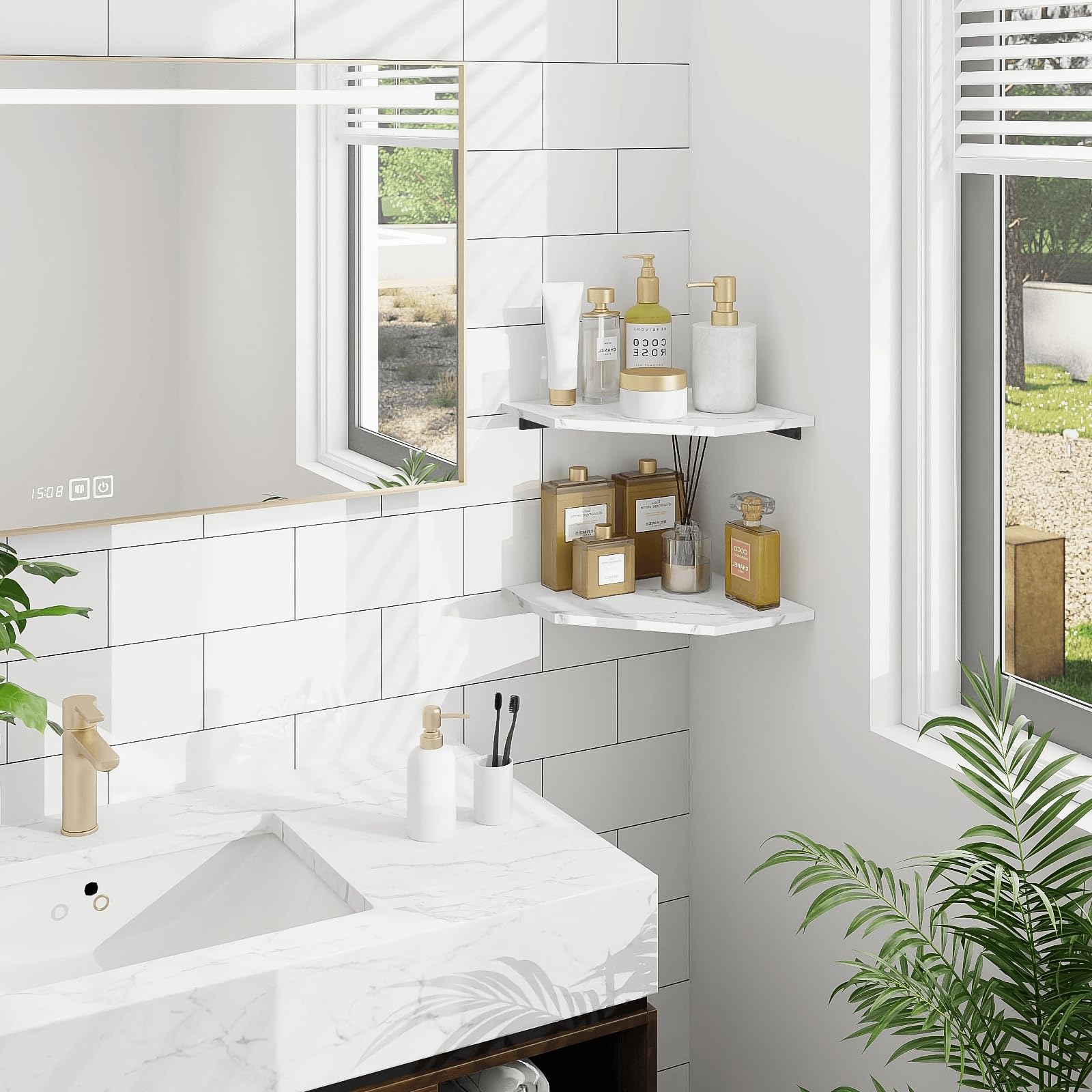 Homode Corner Wall Shelf, Set Of 2 Floating Corner Shelves With Wire Hole, 2 Tier Wooden Hanging Display Shelf For Bathroom Bedroom Kitchen, White Marble