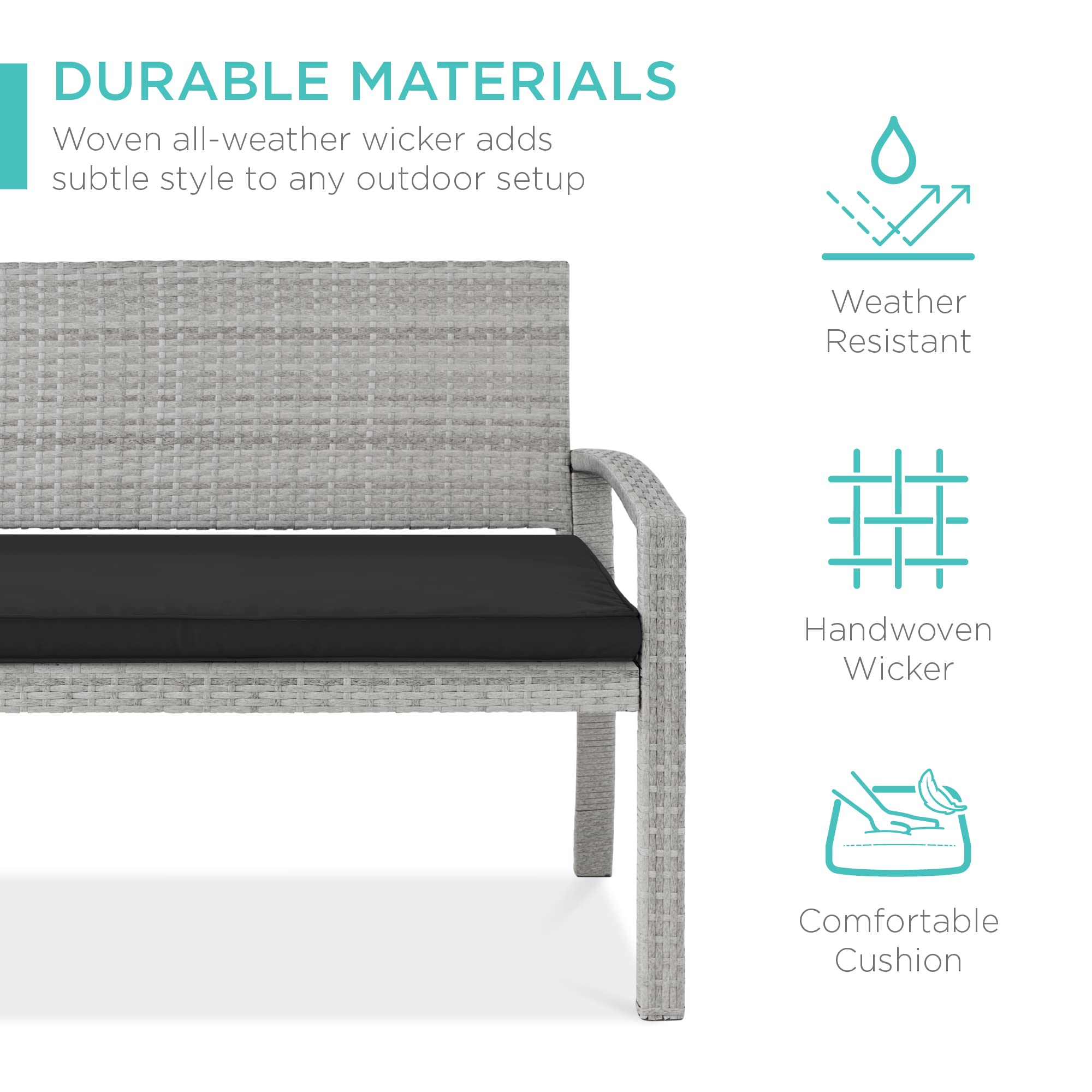 Best Choice Products Outdoor Bench 2-Person Wicker Garden Patio Benches Seating Furniture For Backyard, Porch W/Seat Cushion, 700Lb Capacity - Gray/Black