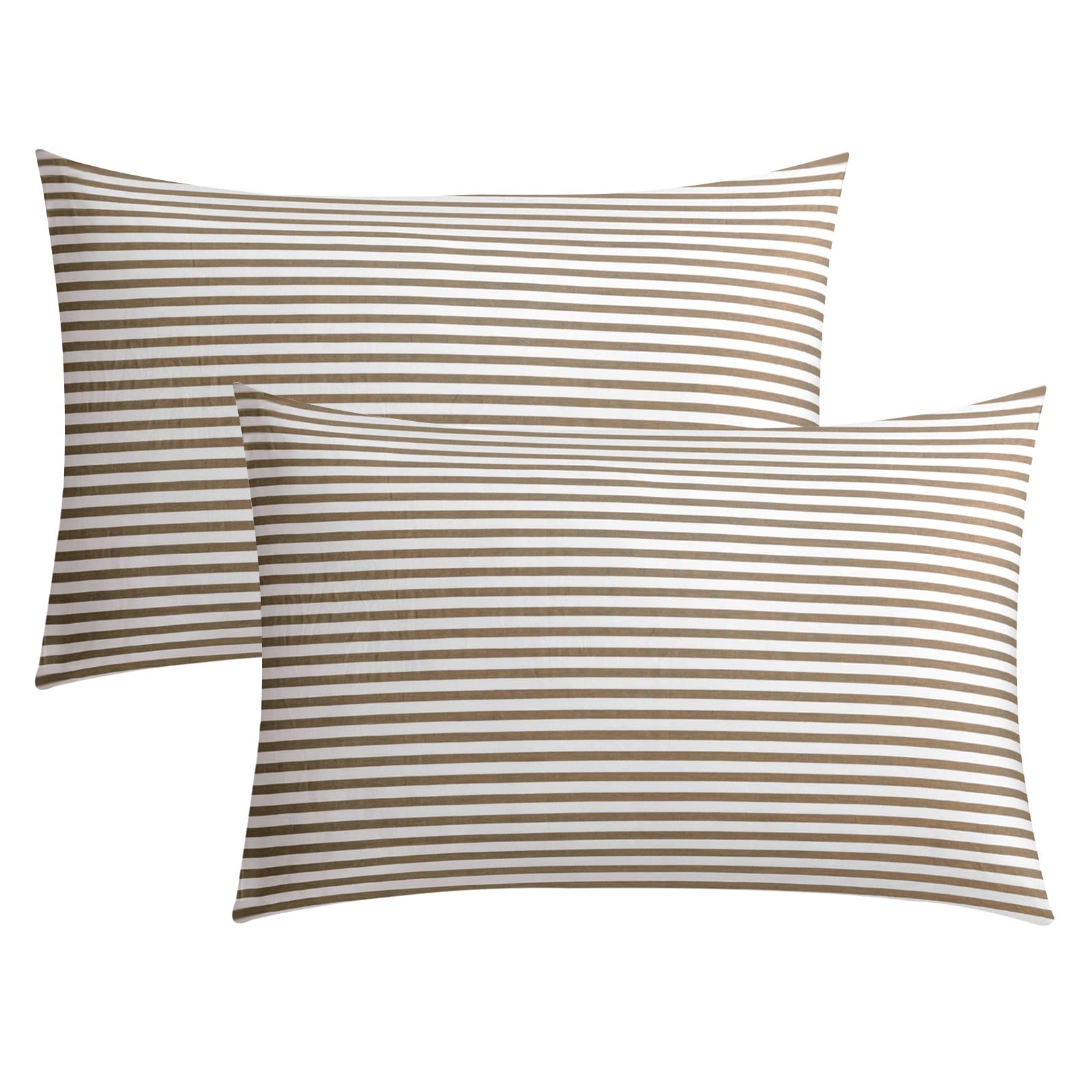 Jellymoni 100% Natural Cotton Striped King Pillowcases Set, 2 Pack White And Khaki Stripes Pattern Printed Pillow Covers With En