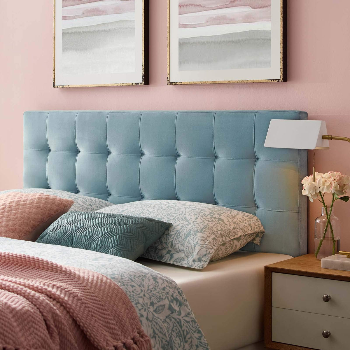 Modway Lily Queen Biscuit Tufted Performance Velvet Headboard, Light Blue