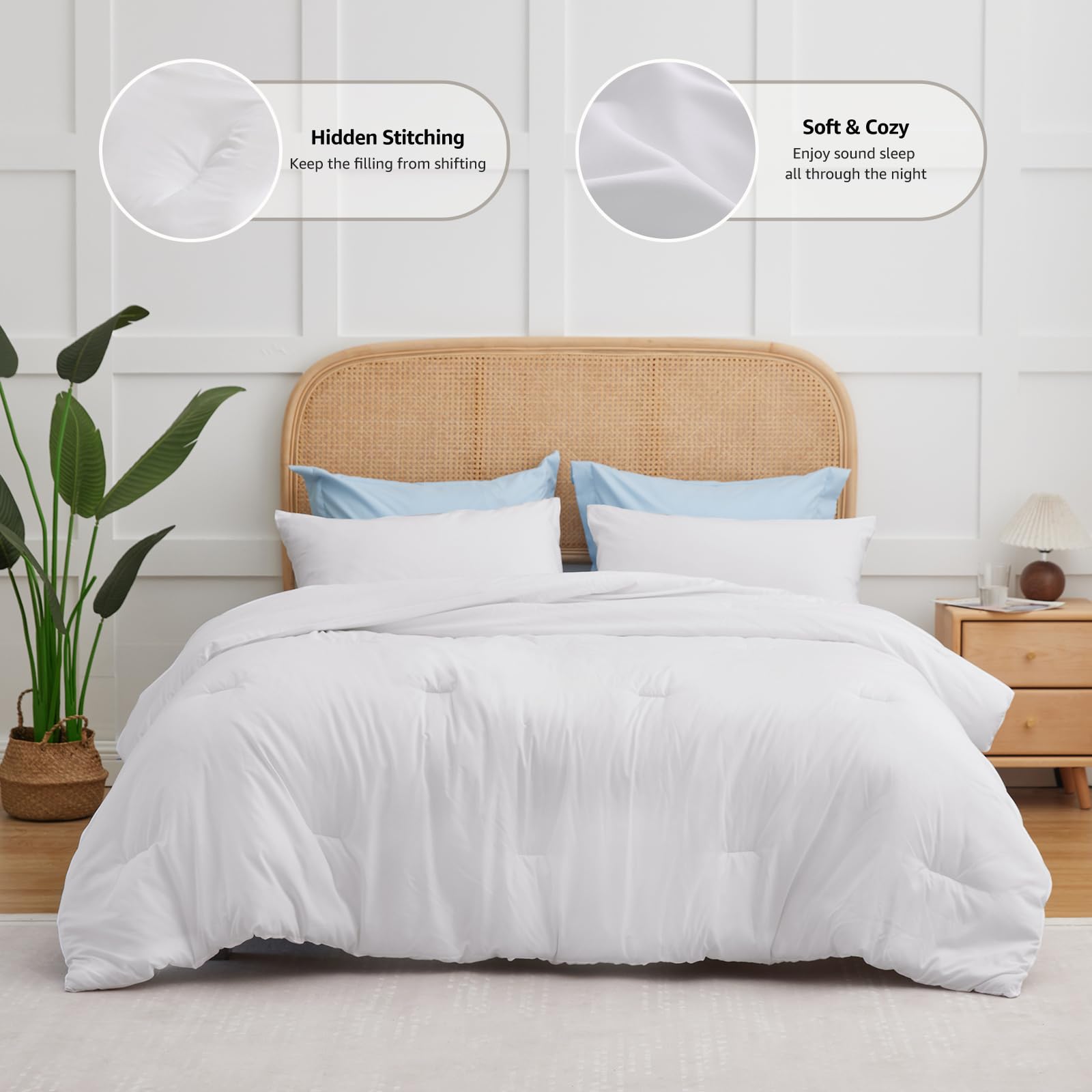 Cozylux White Comforter Set Queen Size, 3 Pieces Solid Breathable Quilted Boho Style Bedding Sets, Luxury Fluffy Soft Microfiber Comforter For All Season(1 Comforter & 2 Pillowcases)