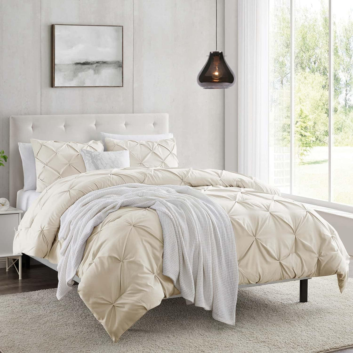 Nestl Cream Duvet Cover King Size - Pintuck King Duvet Cover Set, 3 Piece Double Brushed Duvet Cover With Button Closure, 1 Pinc
