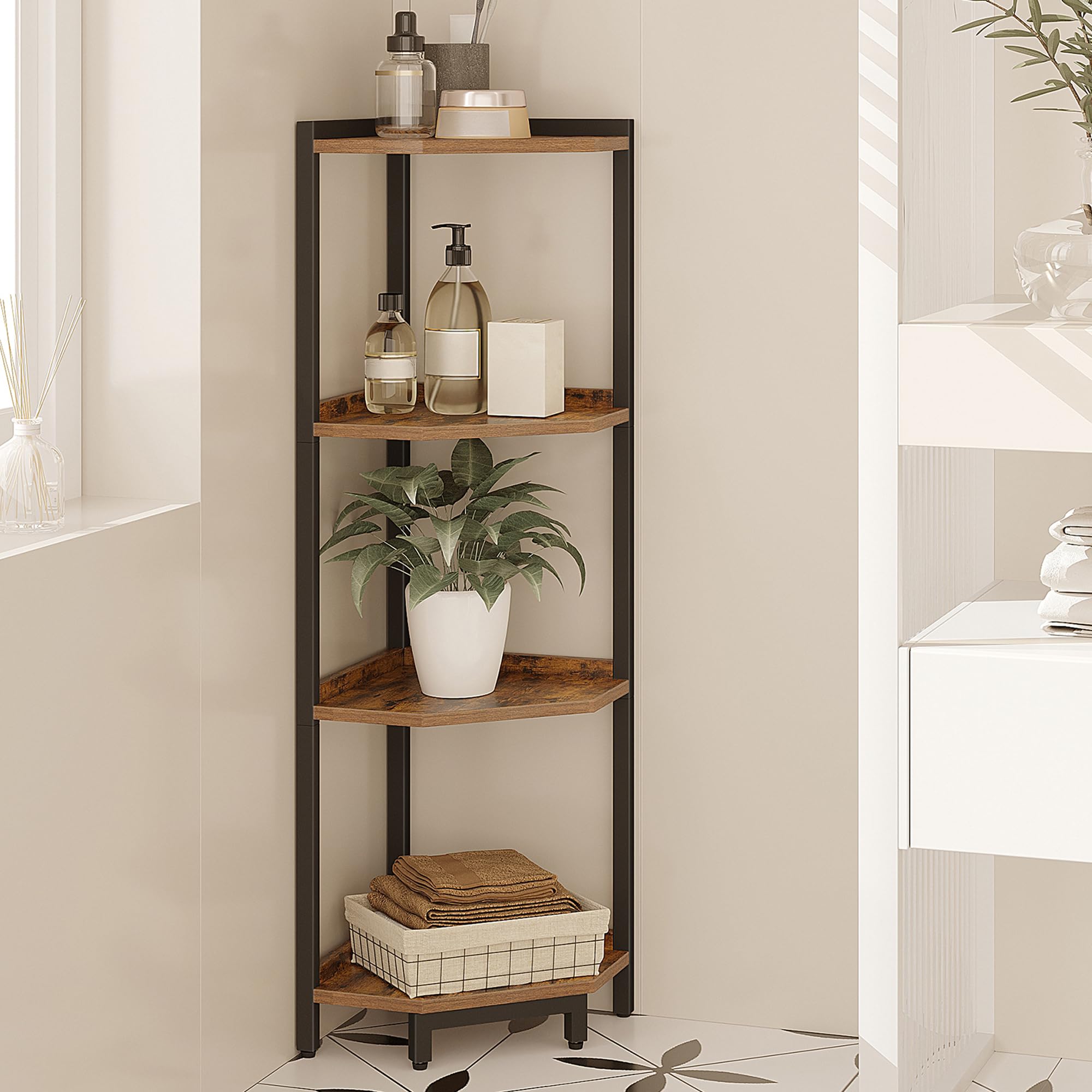 Hzuaneri Corner Shelf Stand, Corner Bookshelf, Storage Standing Shelf Unit With Metal Frame, Plant Stand, Corner Bookcase For Living Room, Home Office, Bedroom, 4-Tier Rustic Brown Cs05801B