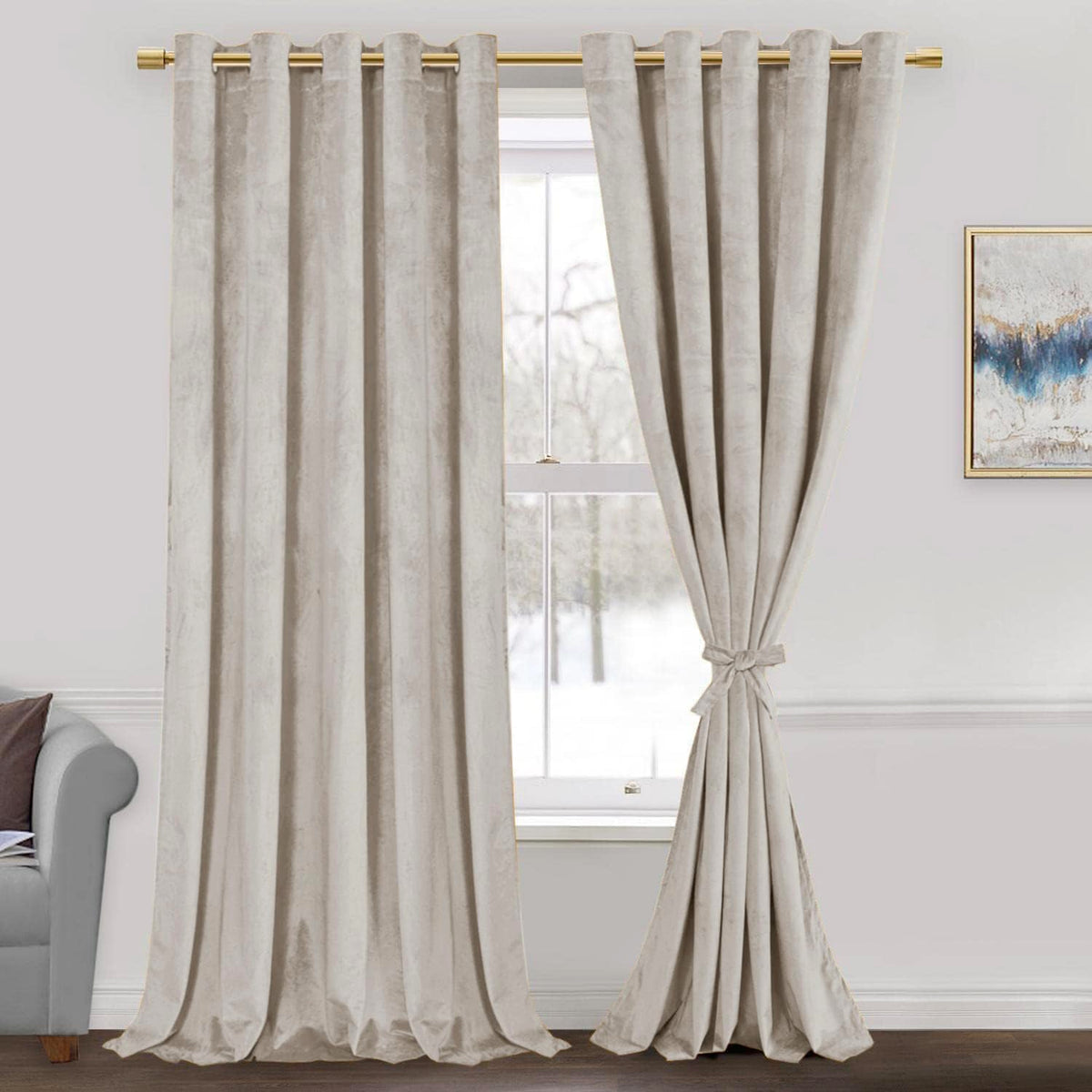 Jiuzhen Beige Velvet Curtains 84 Inches For Living Room - Thermal Insualted Room Darkening Grommet Thick Velvet Window Drapes Fo