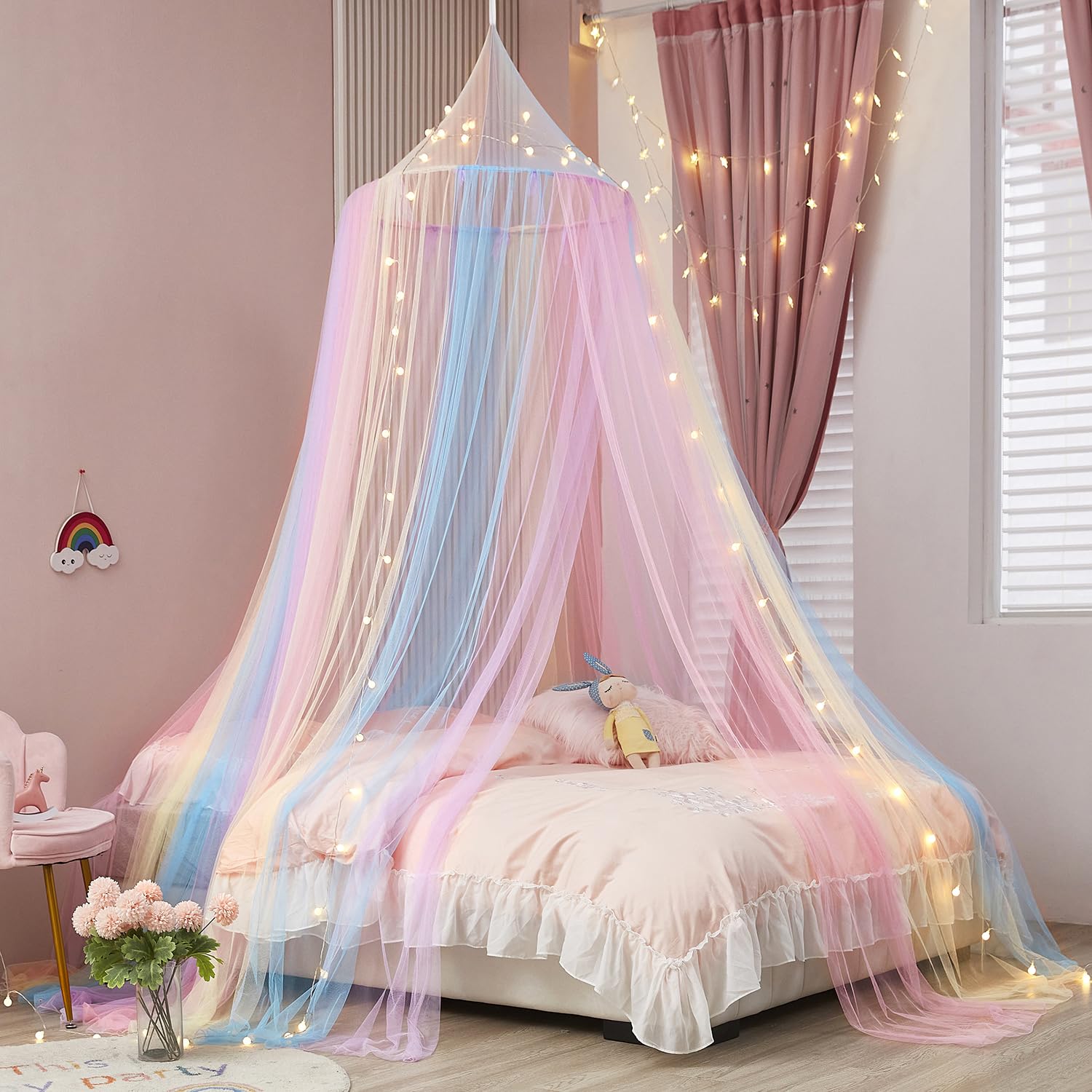Rainbow Bed Canopy For Girls, Bed Canopy With Lights Canopy For Girls Room Bed Mosquito Netting For Twin Single Full Queen King