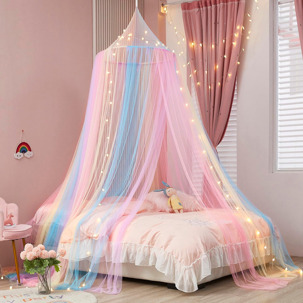 Rainbow Bed Canopy For Girls, Bed Canopy With Lights Canopy For Girls Room Bed Mosquito Netting For Twin Single Full Queen King