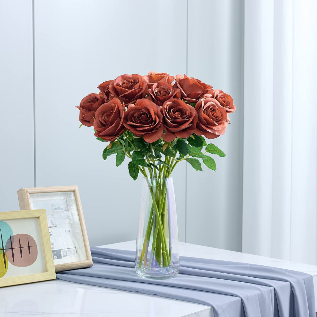 Helera 12Pcs Rust Orange Rose Artificial Flowers Faux Roses Silk Roses Orange Silk Flowers With Long Stems For Wedding Baby Show