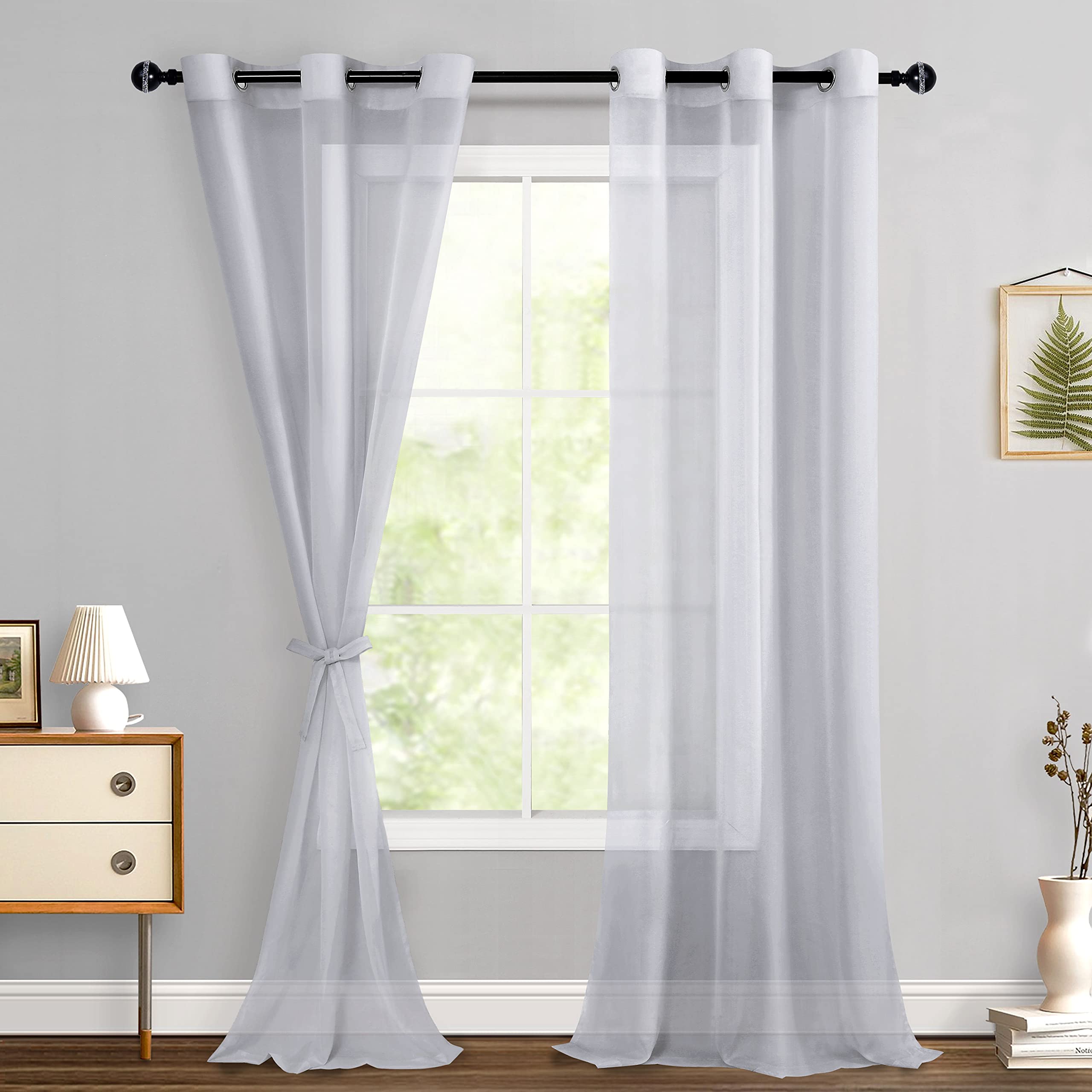 Hiasan Sheer Curtains 96 Inches Long With Tiebacks, Light Filtering Breathable Voile Drape Lightweight Grommet Window Curtains For Bedroom, Patio Door, Living Room, Grey, W42 X L96, Set Of 2 Panels