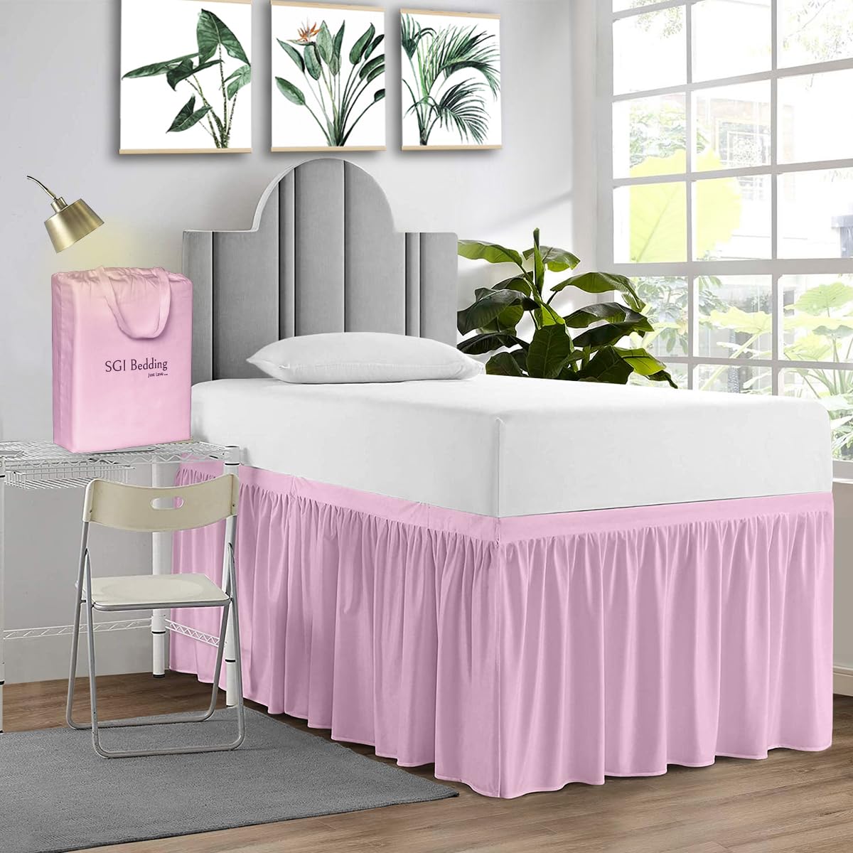 Sgi Bedding Dorm Bed Skirt Twin Xl 50 Inch Drop Length - Pink, Ruffled Pattern College Dorm Room Bed Skirts - Split Corner, Easy