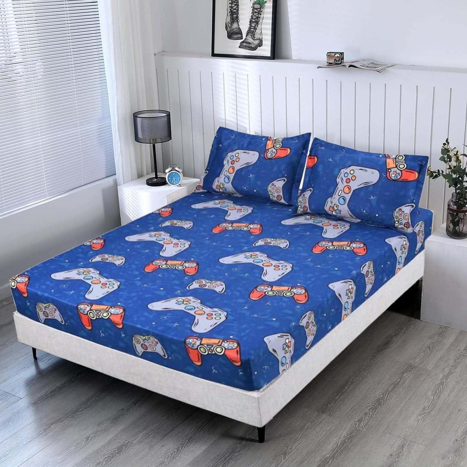 Sdiii 3Pcs Blue Gamer Full Size Fitted Sheet Set, Bed In A Bag Gaming Bed Fitted Sheet Full, Soft Microfiber, Cute Full Sheet Se