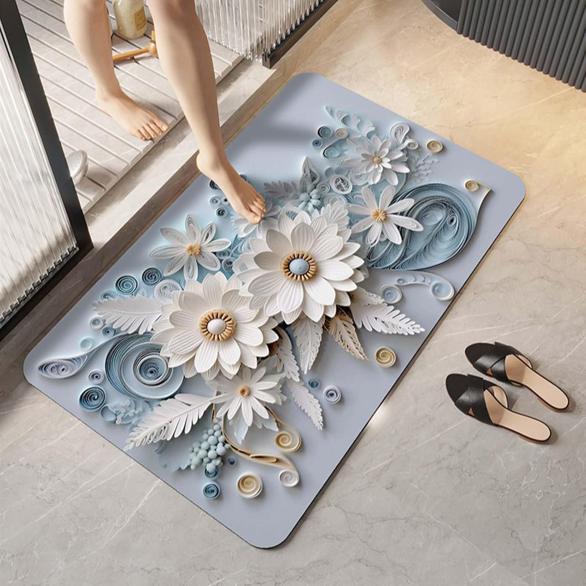 Stolven 3D Floral Bath Mat, NonSlip Bathroom Rug with Paper Quilling Design, Blue and White