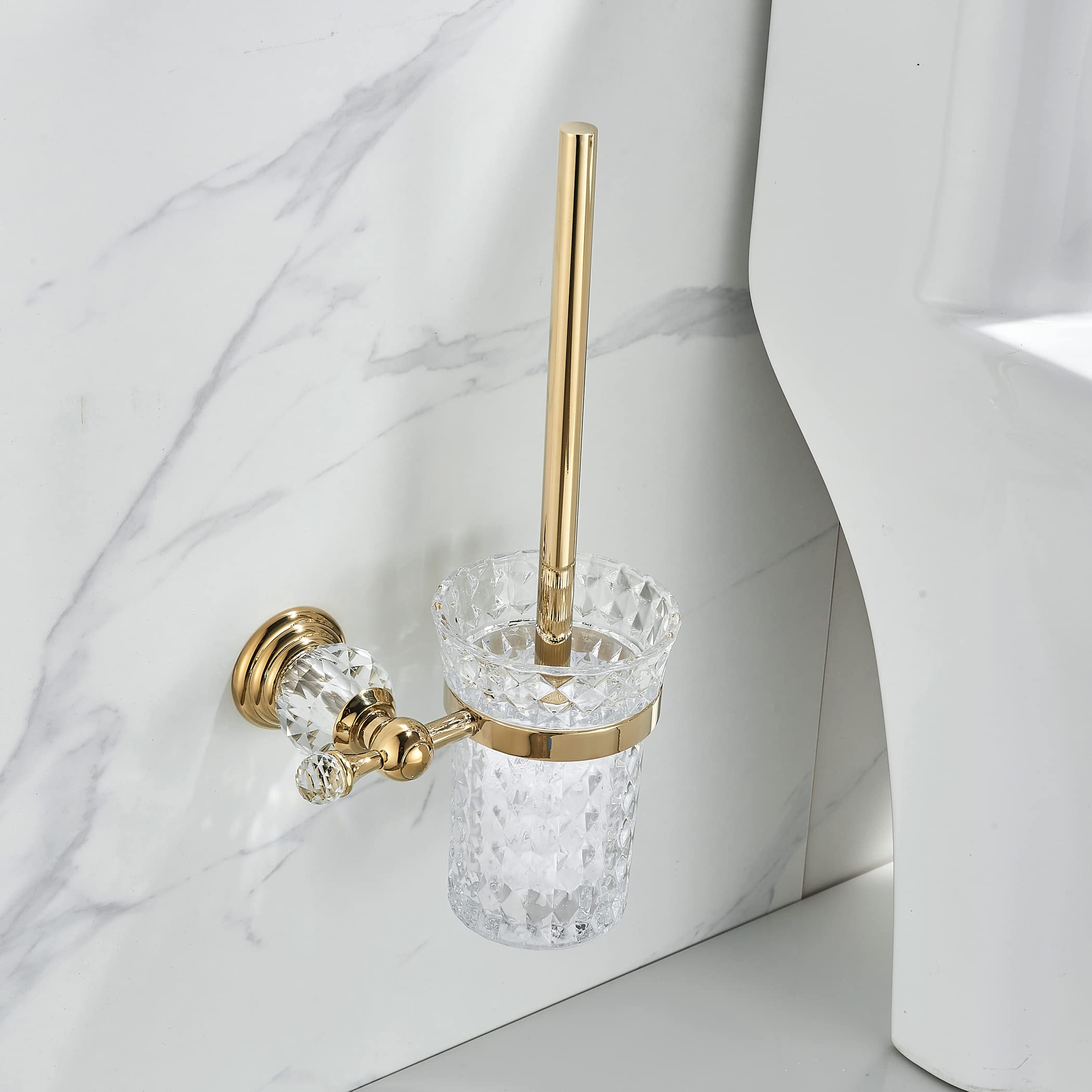 WOLIBEER Crystal Toilet Brush Holder, Polished Gold Brush Handle with Replaceable Brush Head, Stainless Steel Bathroom Cleaning 