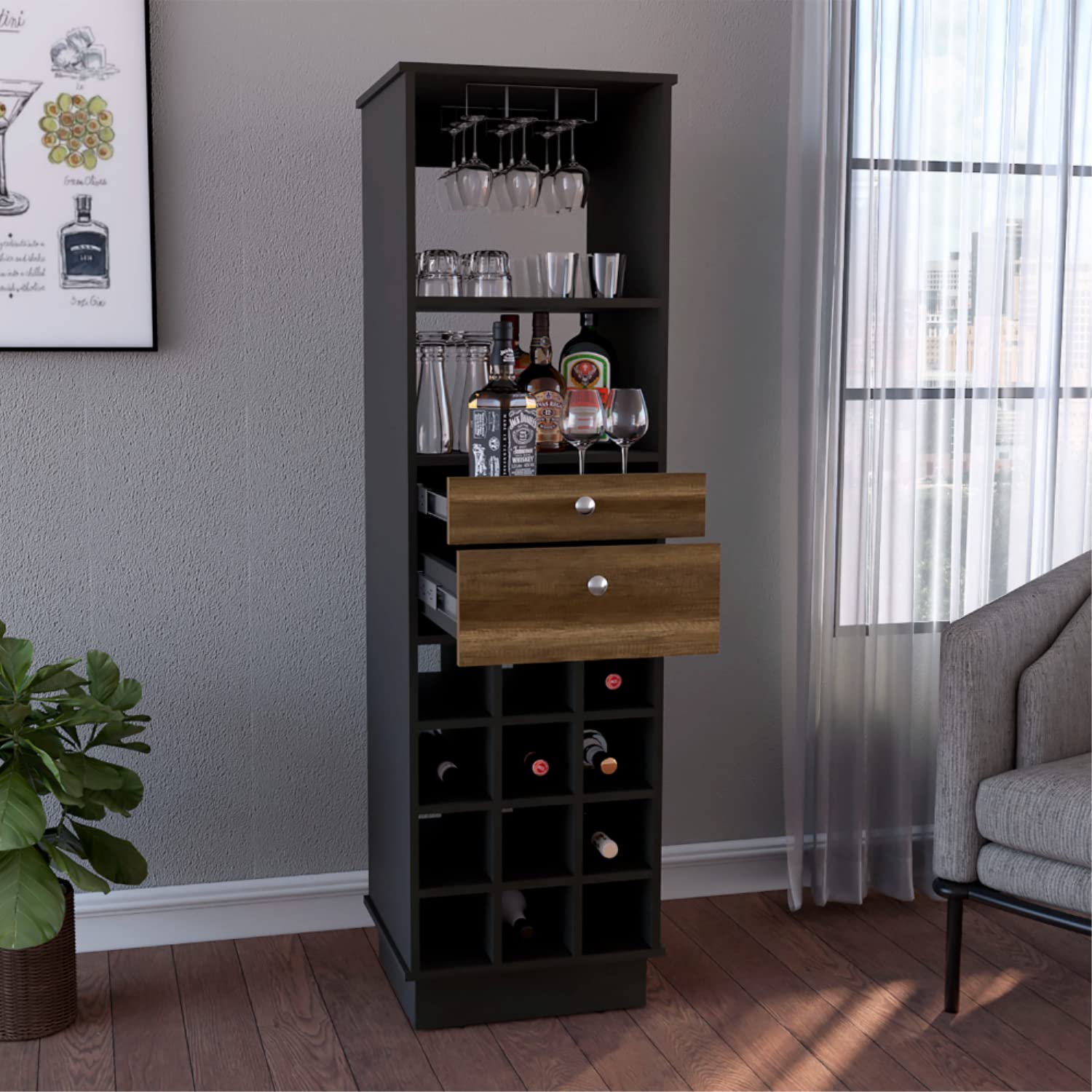 Depot E-Shop Zircon Bar Cabinet, 12 Built-In Wine Rack, 2 Drawers, Black/Walnut