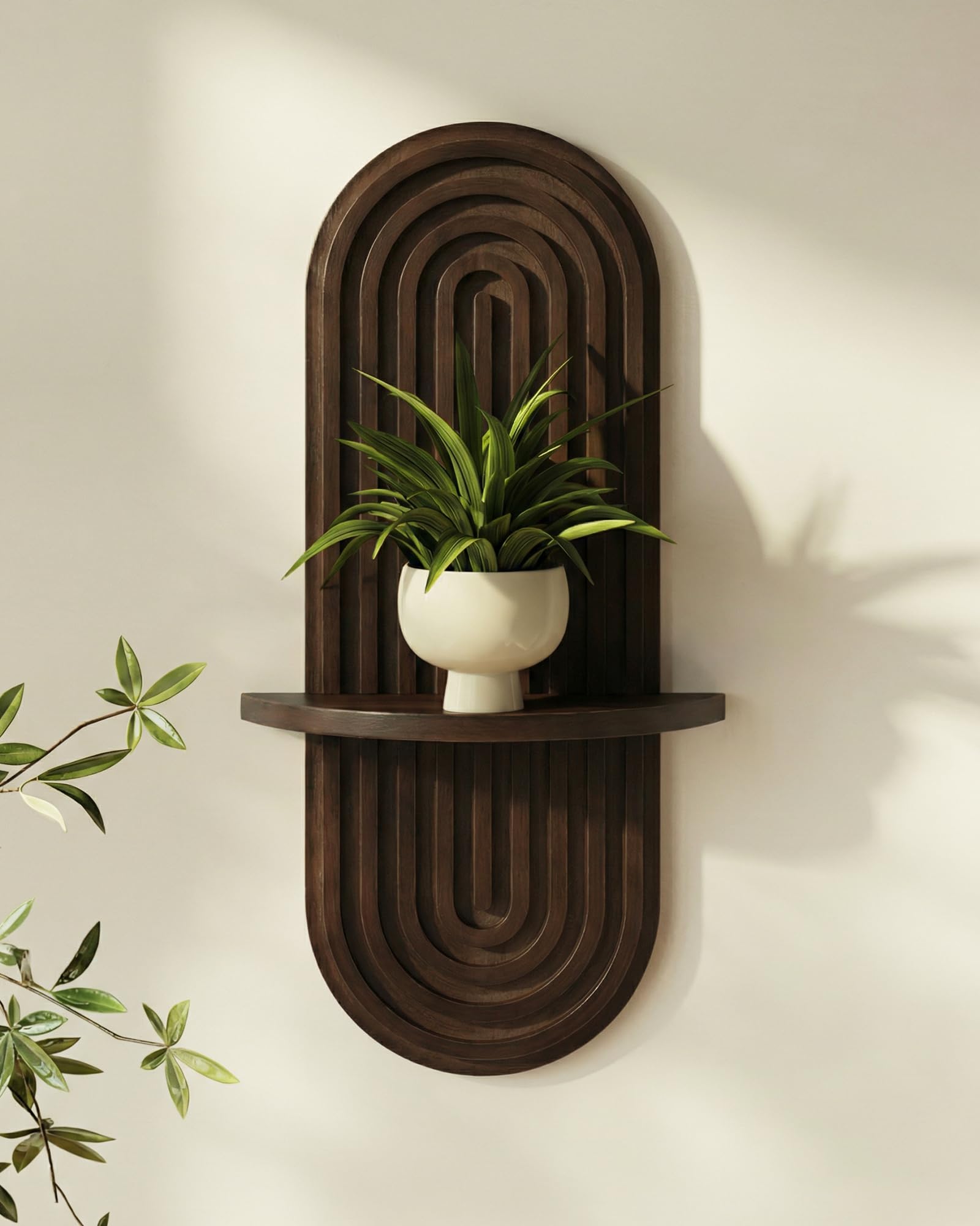 Bamworld Boho Wall Decor Plant Wall Shelf Wooden Plant Holder Walnut