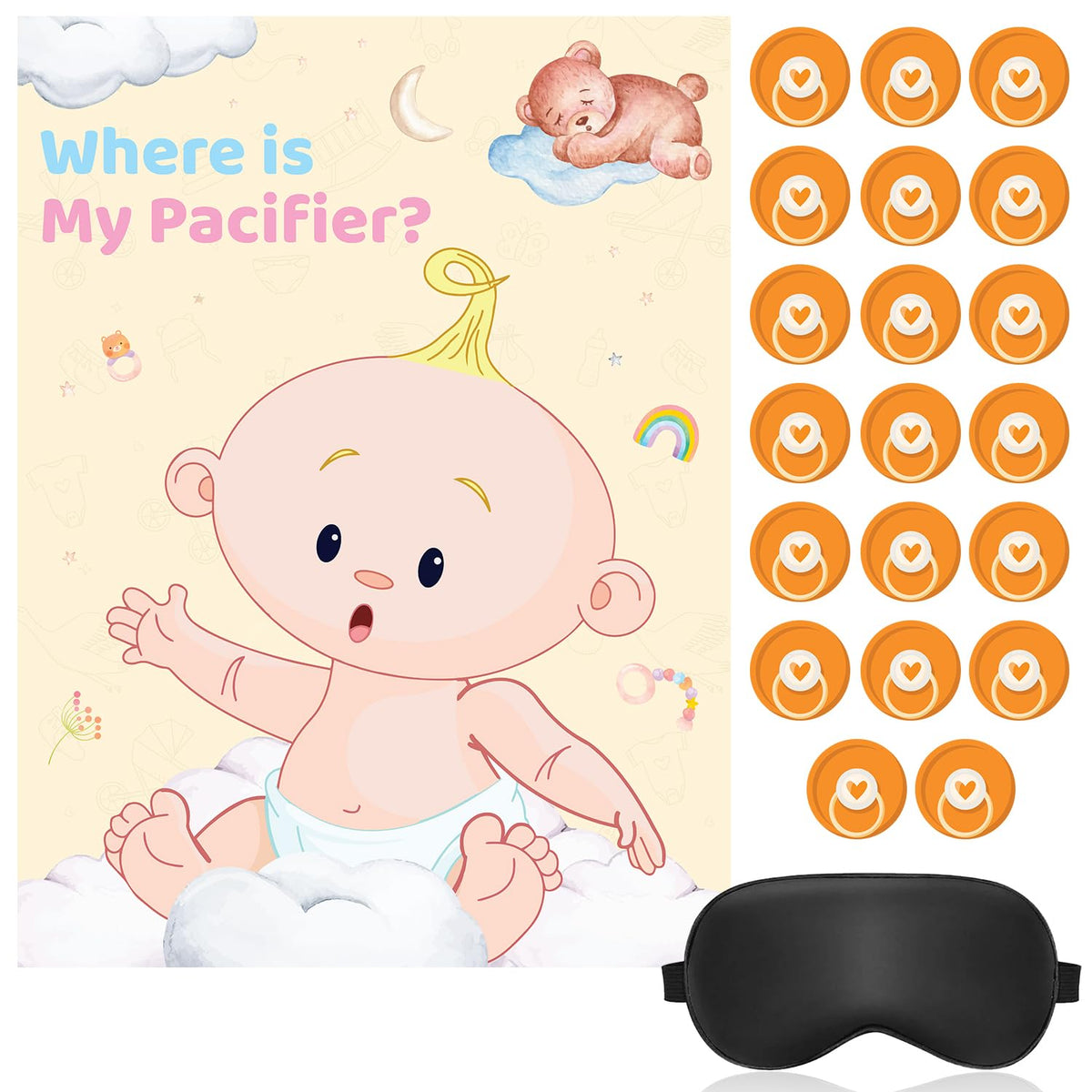 Party Propz Where is My Pacifier Game Cards  22 Pcs Where is My Pacifier Paper Poster with Blind Fold for Baby Shower, Baby Sho