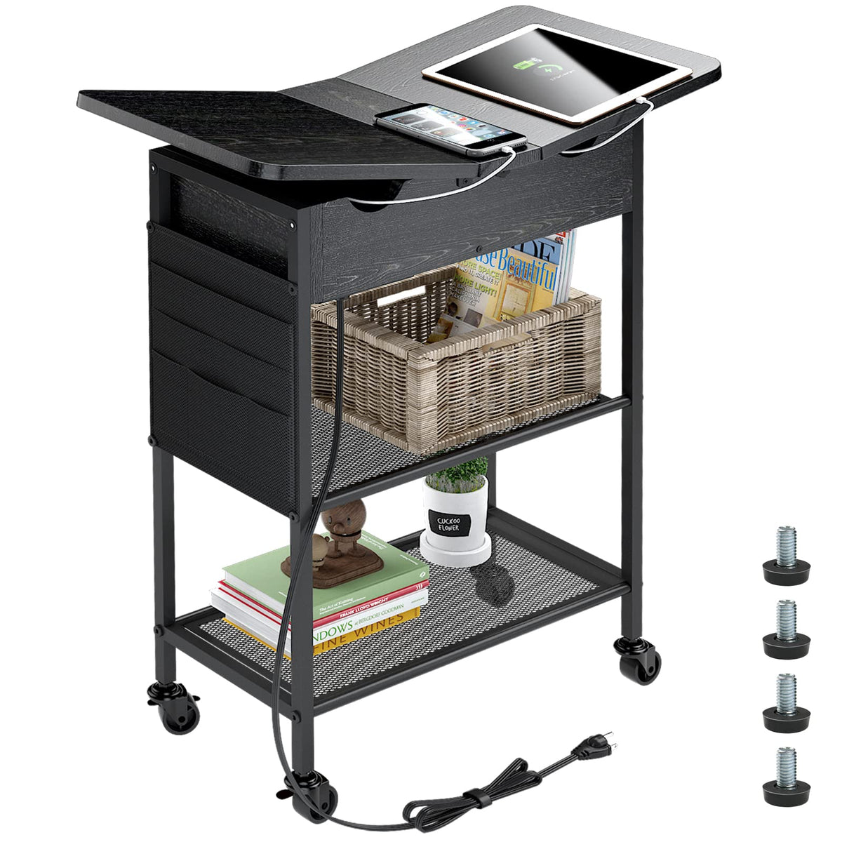 Slim Side Table With Wheels, Usb Ports And Outlets, Rolling Narrow End Table With Charging Station And Bag, Flip Top Nightstand With Hidden Storage Shelves For Living Room Bedroom Small Spaces, Black