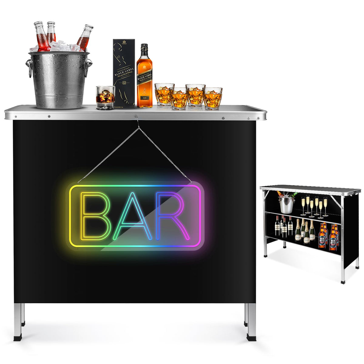 Brillihood Portable Double Shelves Bar Table With Mirrored Neon Sign - Bar, Led Light Up Sign & Mobile Bartender Station For Eve