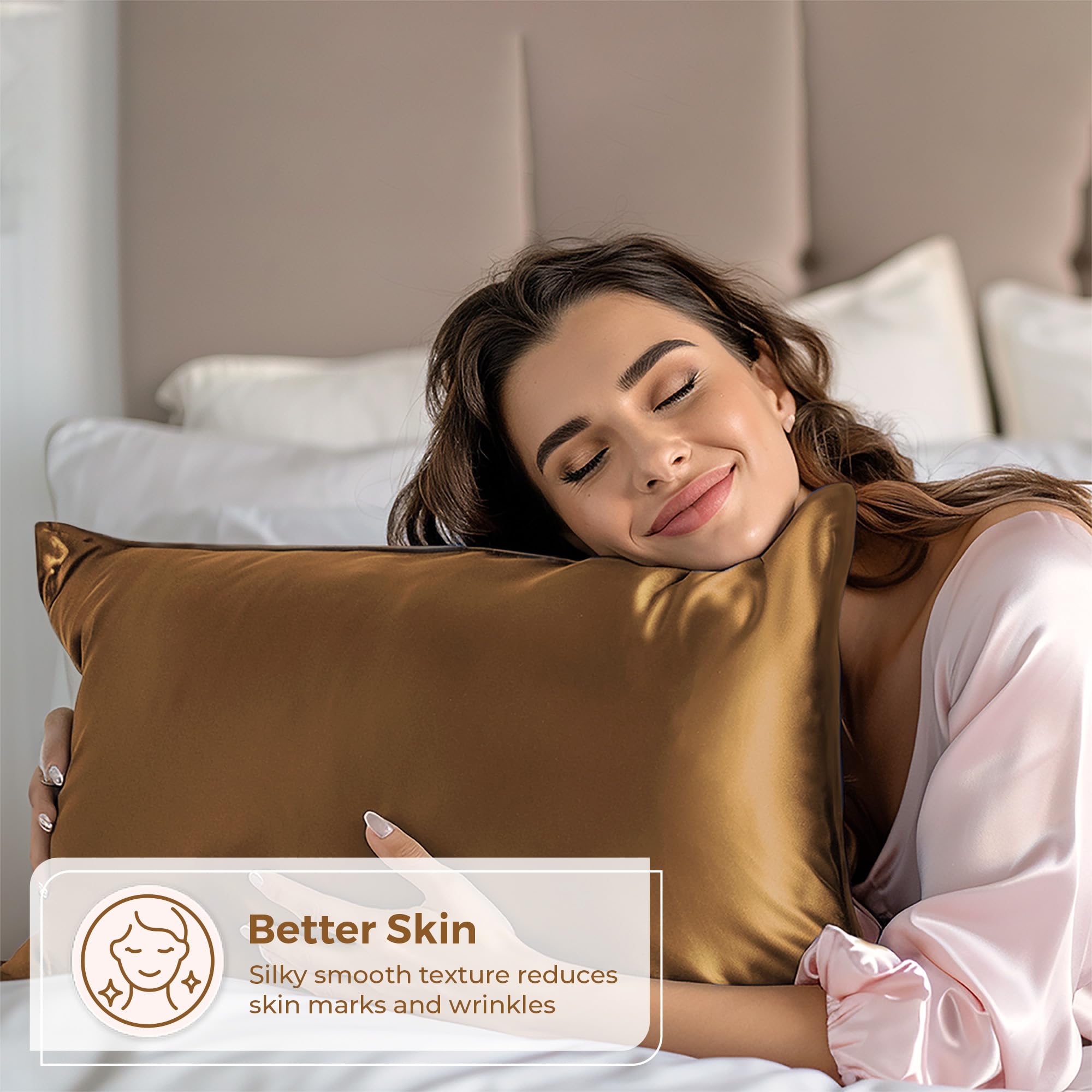 Pure Bedding Satin Pillowcase 2 Pack - Queen Size (20''X30'', Coffee) - Silky Pillow Cases For Hair And Skin - Satin Pillow Cove