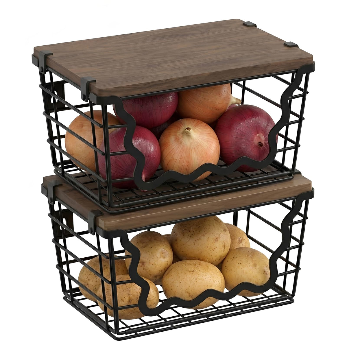 2 Pack Stackable Potato and Onion Storage Bins, Wave Metal Wire Baskets Kitchen Pantry Organizers, Vegetable Fruit Storage Baske