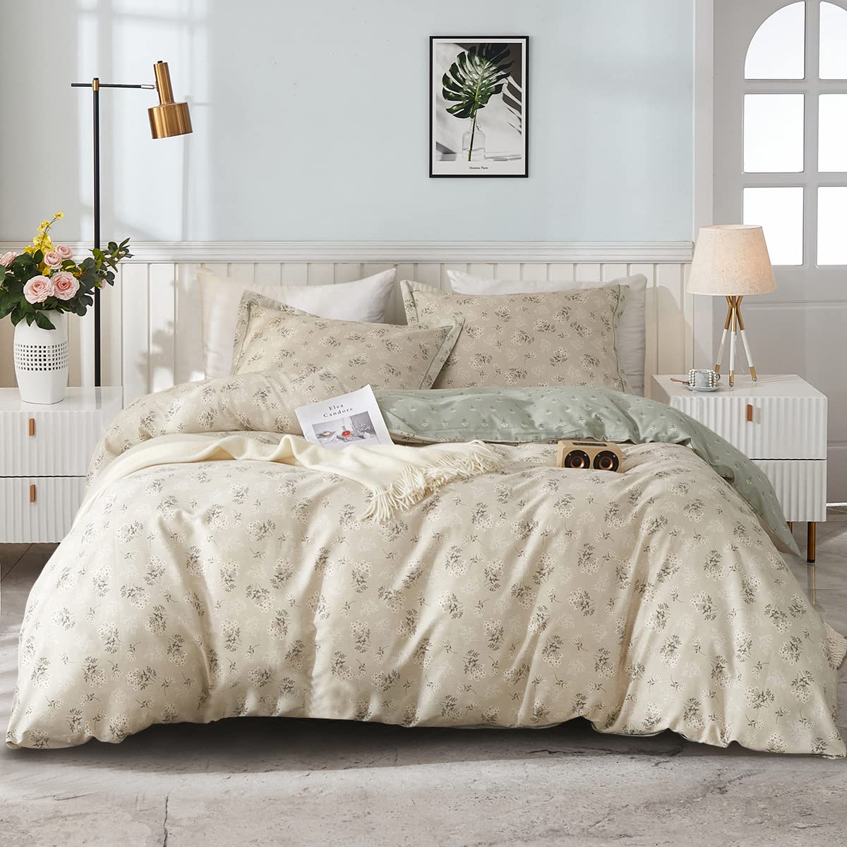 Eavd Botanical Floral Duvet Cover King Size Soft 100% Cotton Reversible Pattern Bedding Set Garden Floral Bedding Set With 2 Pil