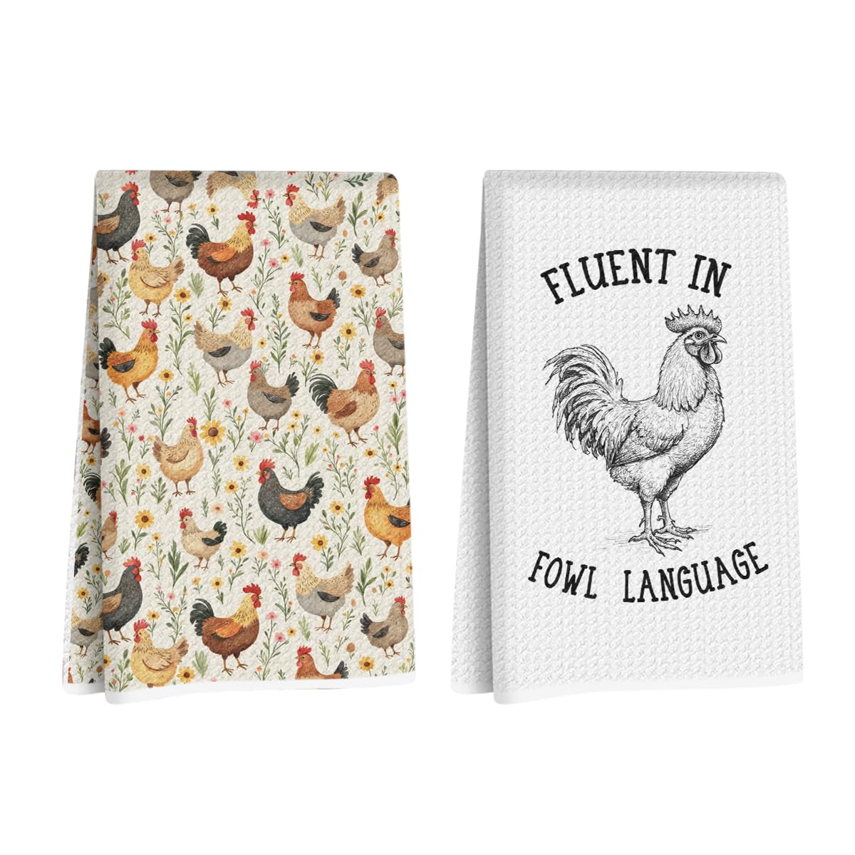 Blue Leaves 2 Pcs Funny Chicken Kitchen Towels Decorative Tea Towel