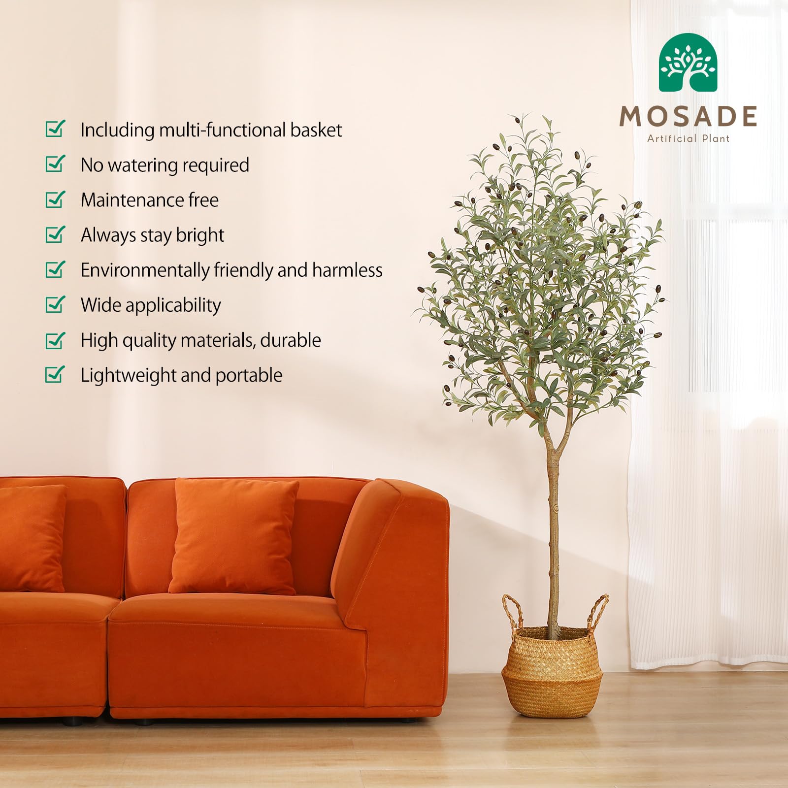 Mosade Artificial Olive Tree 6 Feet Fake Olive Silk Plant And Handmade Seagrass Basket, Perfect Tall Faux Topiary Silk Tree For