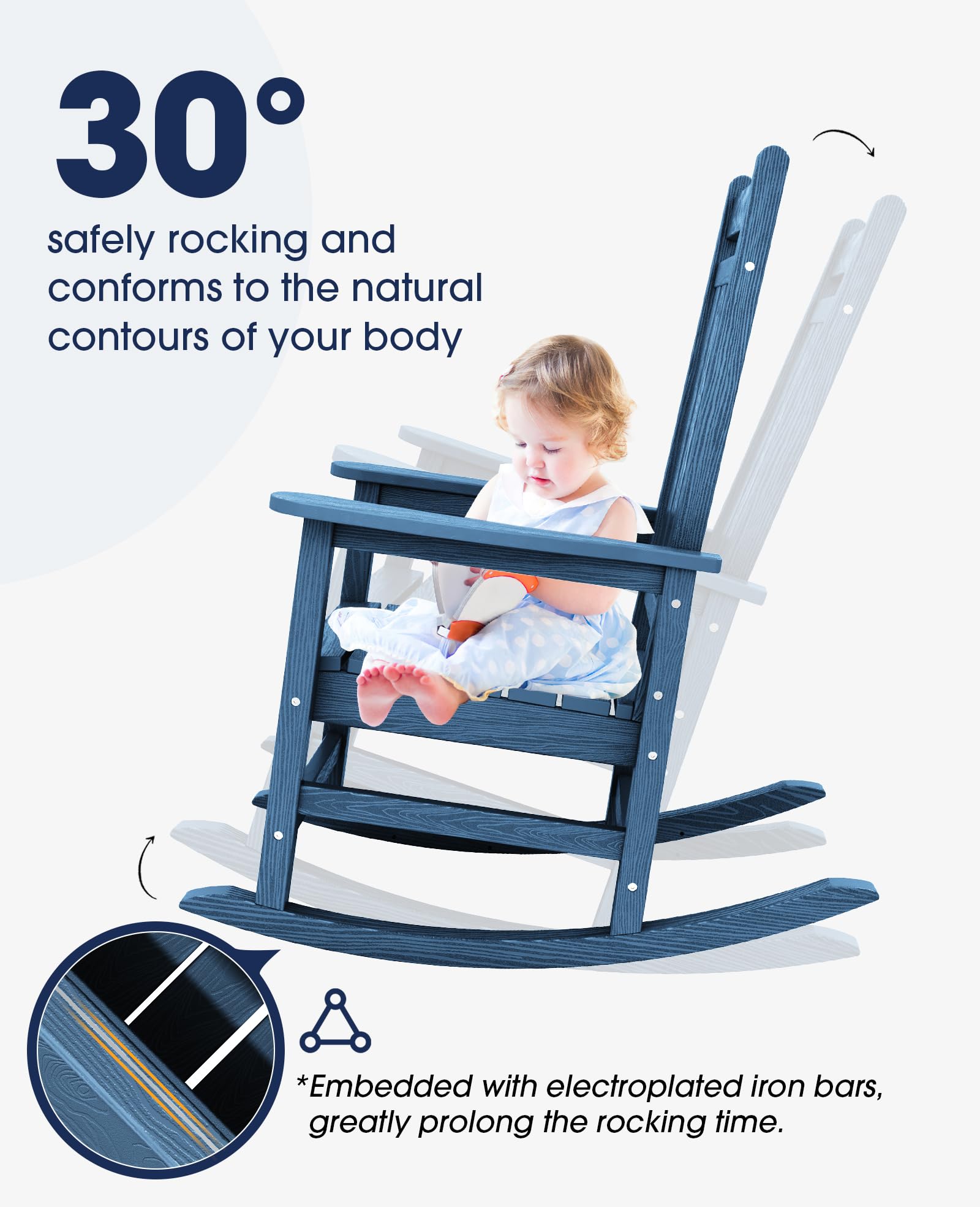 Kingyes Outdoor Patio Rocking Chair Set Of 4, Weather Resistant Oversized Porch Rocker, High Back Outdoor Rocking Chair For Adult, Outdoor Rocker With 330Lbs Support(Plum Rocker)- Blue