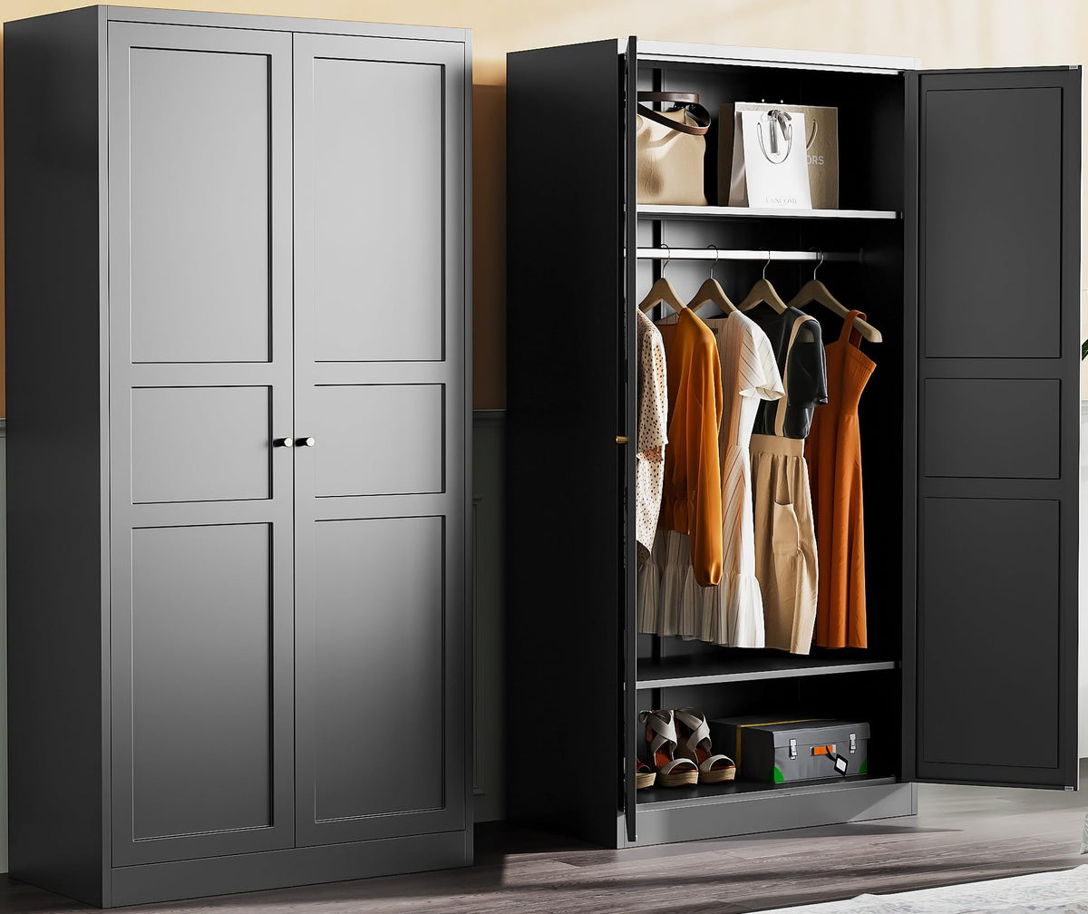 Metal Wardrobe Cabinet with Hanging Rod,Black Armoire Wardrobe Closet,Metal Clothing Storage Cabinet with Adjustable Shelves and