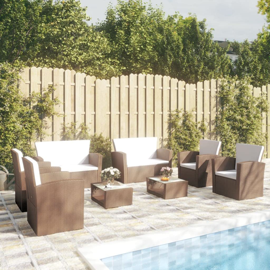 vidaXL Patio Sofa Set 8 Piece Poly Rattan Sectional Lounge - Brown, Cream White Cushions, Includes Tables, Sofas, and Chairs