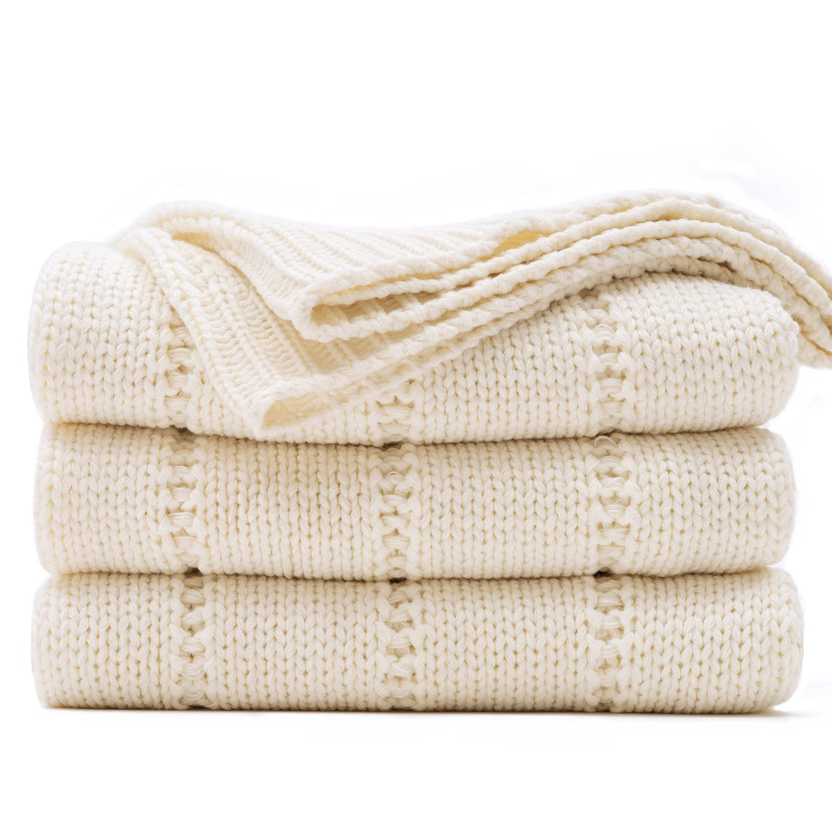 Recyco Cable Knit Cream White Throw Blanket For Couch, Super Soft Warm Cozy Decorative Knitted Throw Blanket 2.3Lb For Bed, Sofa